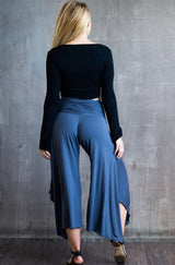 Ruched Waistband, Flowy, Wide Leg, High Waist Gaucho Pants in Gray