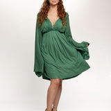 Purple Bell Sleeve Goddess Dress V-Neck Above the Knee