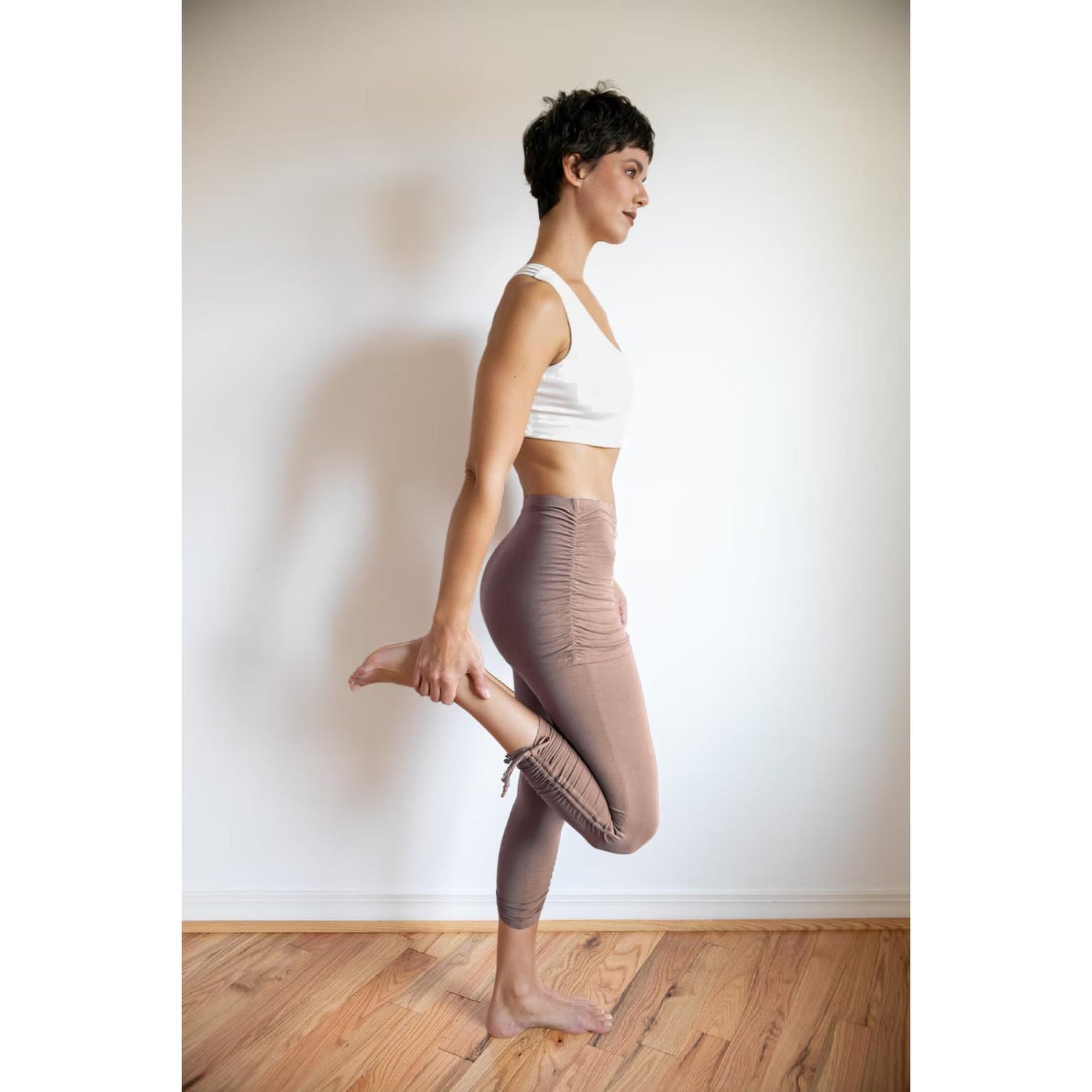 Tan Cinched Yoga Leggings with Mini Skirt: Sustainable Fair Trade Activewear