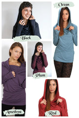 Star Cowl Neck Hoodie Shirt with Thumbholes in Aqua
