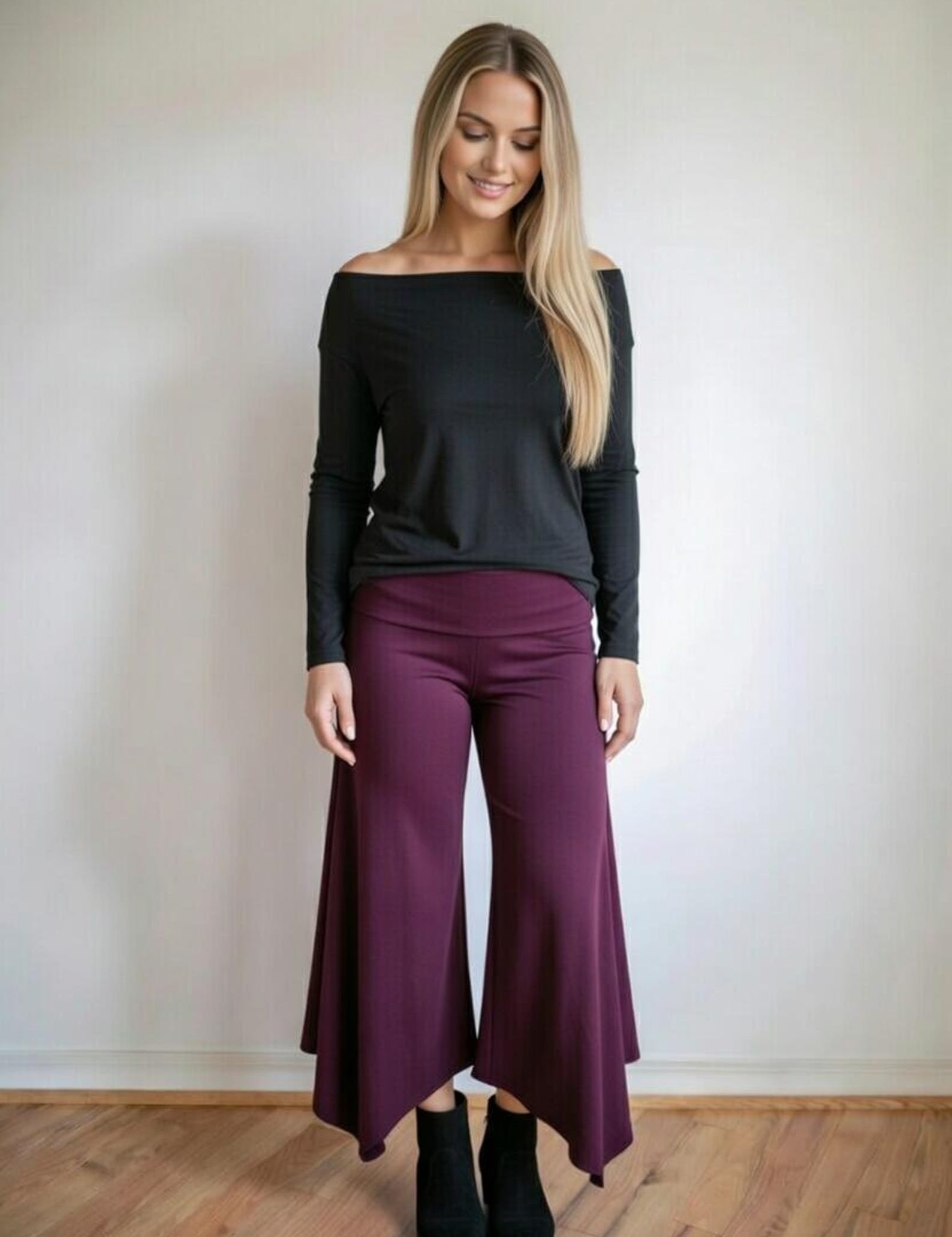 Burgundy Wide Leg Gaucho Pants – Fold Over Waist Boho Culottes