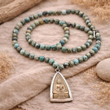 African Turquoise Buddha Pendant Mala: Handmade Prayer Bead Necklace