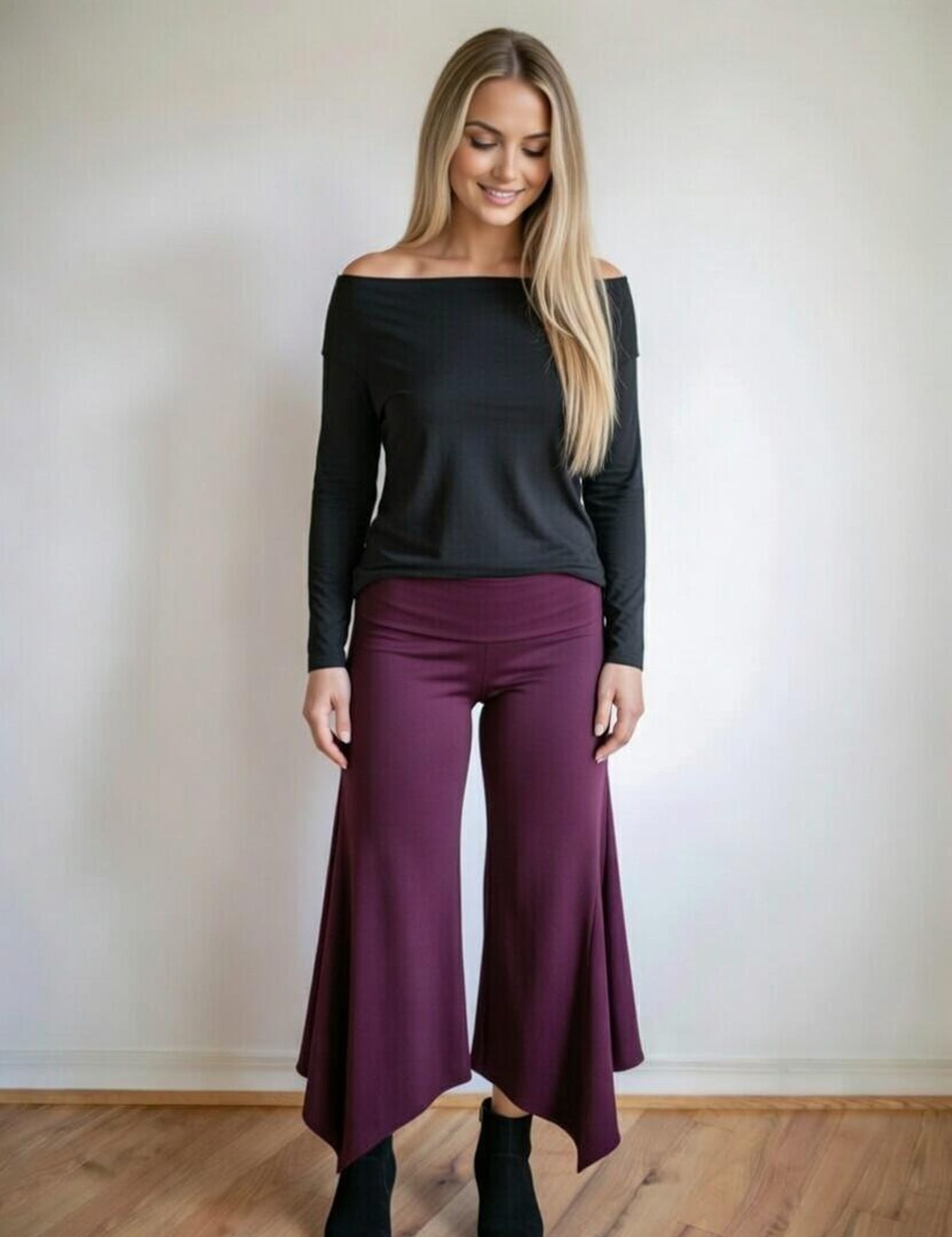 Burgundy Wide Leg Gaucho Pants – Fold Over Waist Boho Culottes