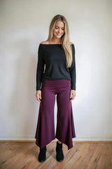Burgundy Wide Leg Gaucho Pants – Fold Over Waist Boho Culottes