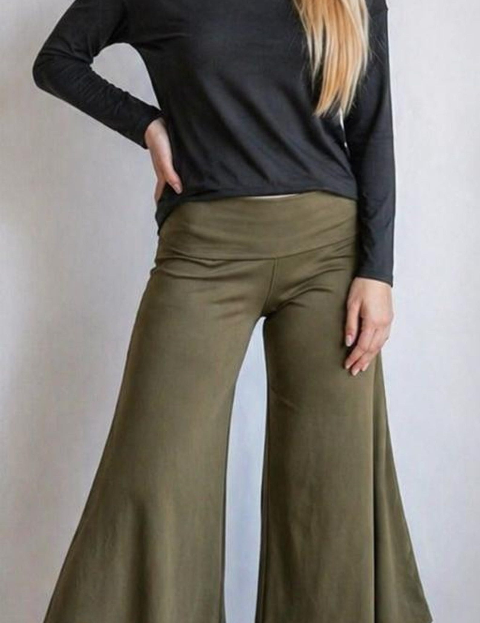 Olive Wide Leg Gaucho Pants – Fold Over Waist Boho Culottes