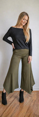 Olive Wide Leg Gaucho Pants – Fold Over Waist Boho Culottes