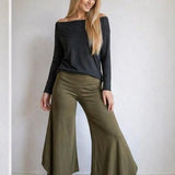 Olive Wide Leg Gaucho Pants – Fold Over Waist Boho Culottes
