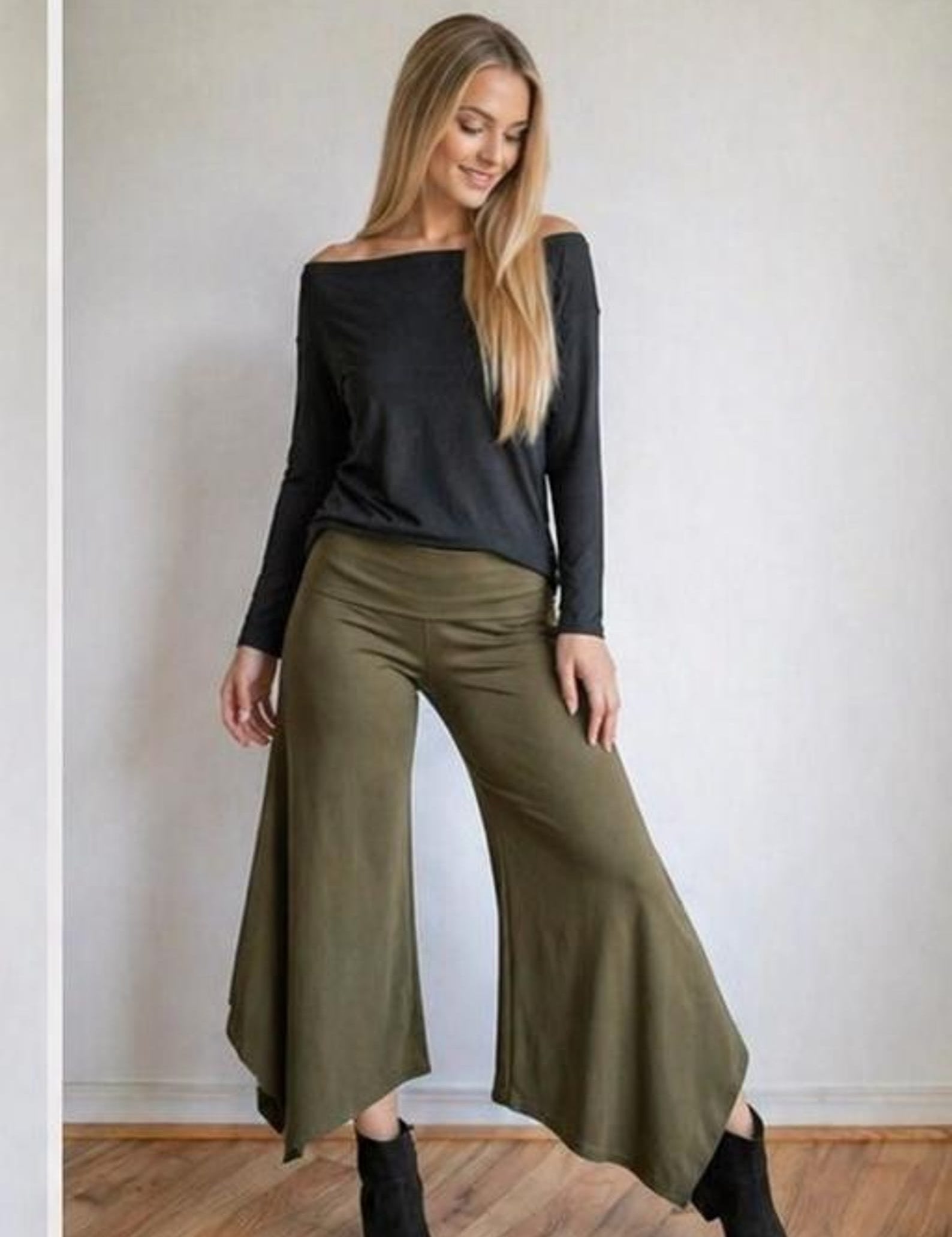 Olive Wide Leg Gaucho Pants – Fold Over Waist Boho Culottes