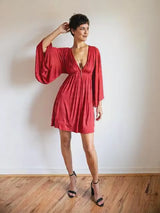 Red Bell Sleeve Mini Dress: Boho Festival Party Dress