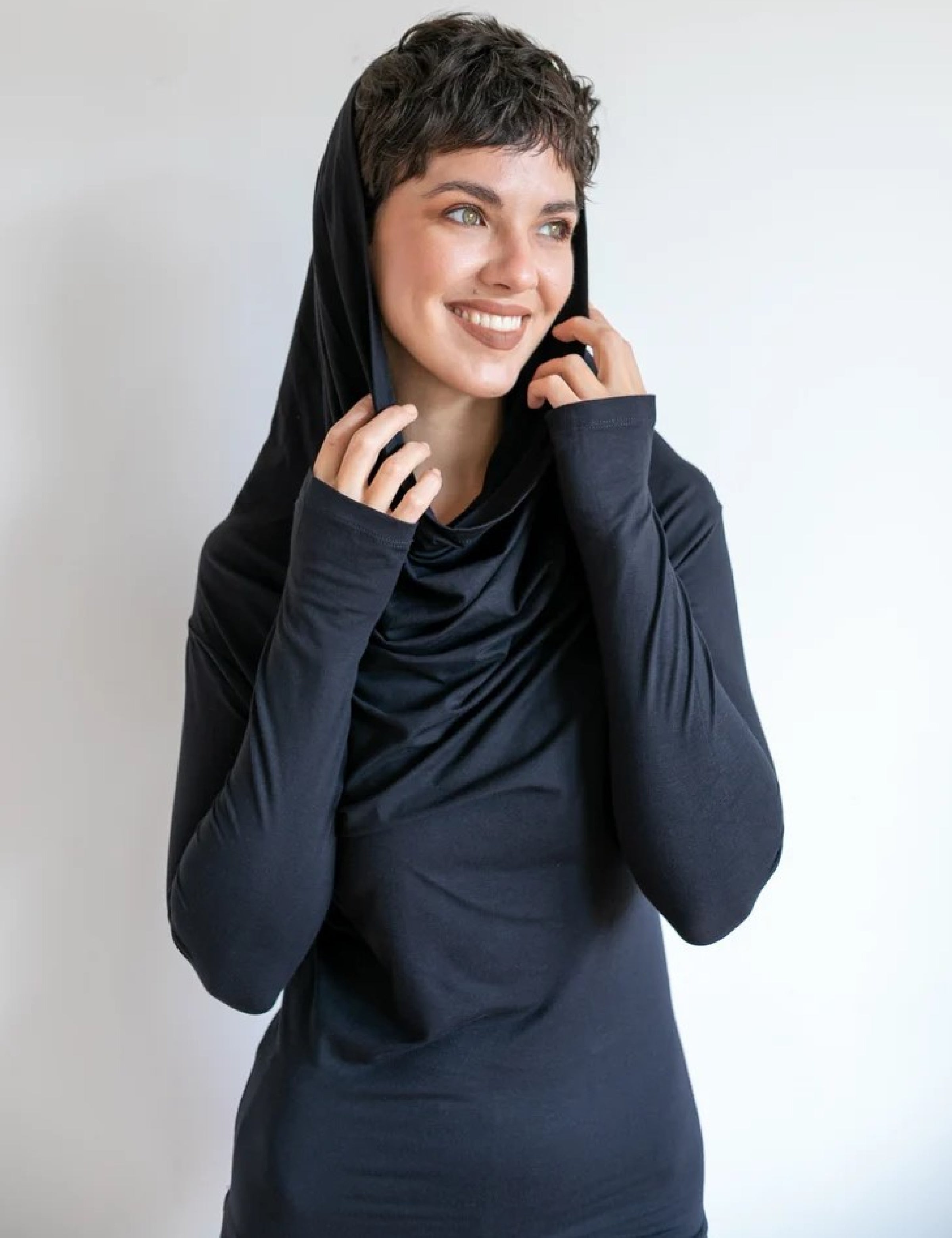 Star Cowl Neck Hoodie Shirt with Thumbholes in Black
