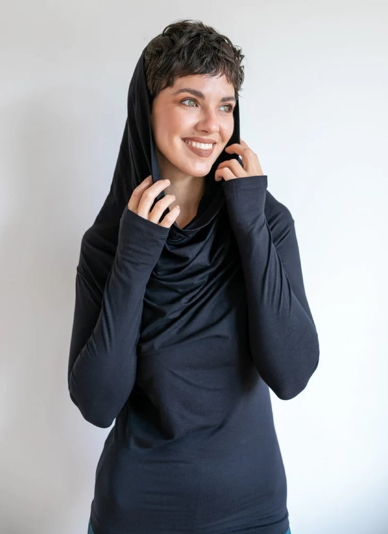 Star Cowl Neck Hoodie Shirt with Thumbholes in Black