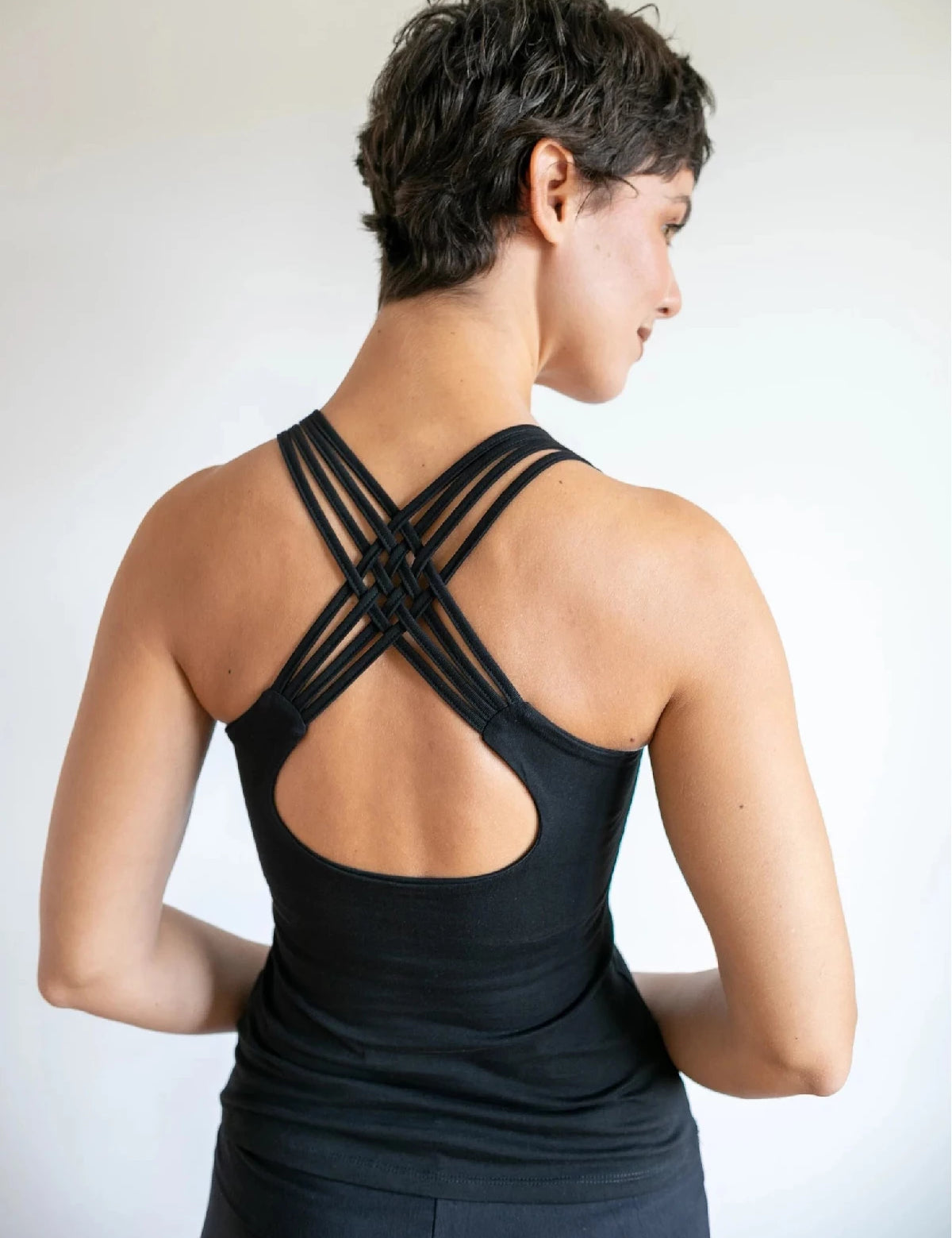Faith Strappy Yoga Tank Top with Built in Bra in Black