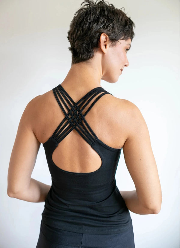 Faith Strappy Yoga Tank Top with Built in Bra in Black