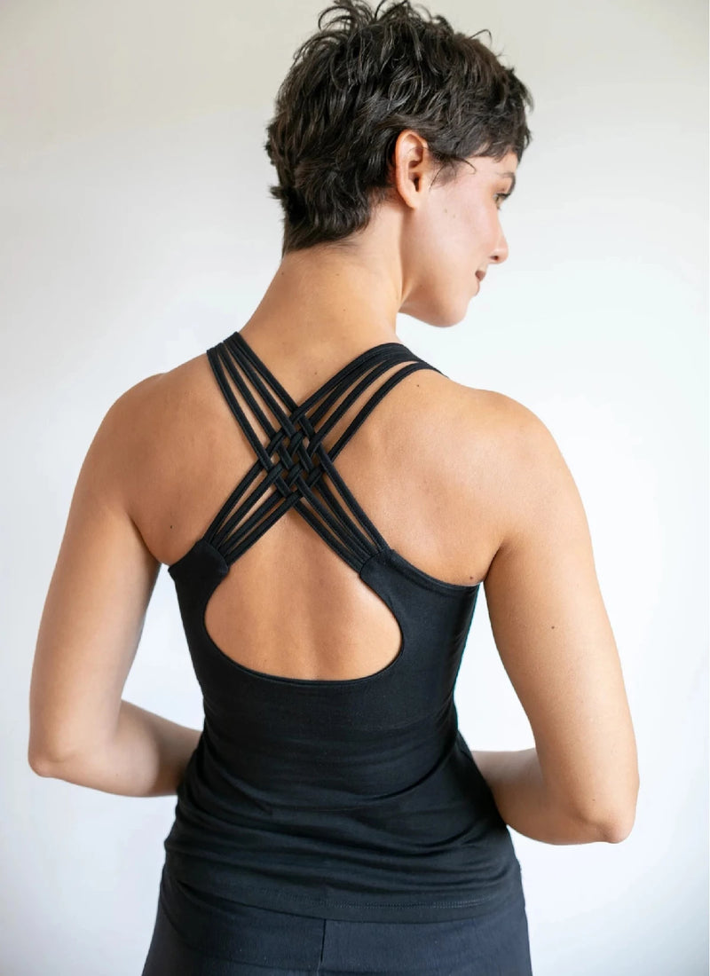 Faith Strappy Yoga Tank Top With Built in Bra in Black 