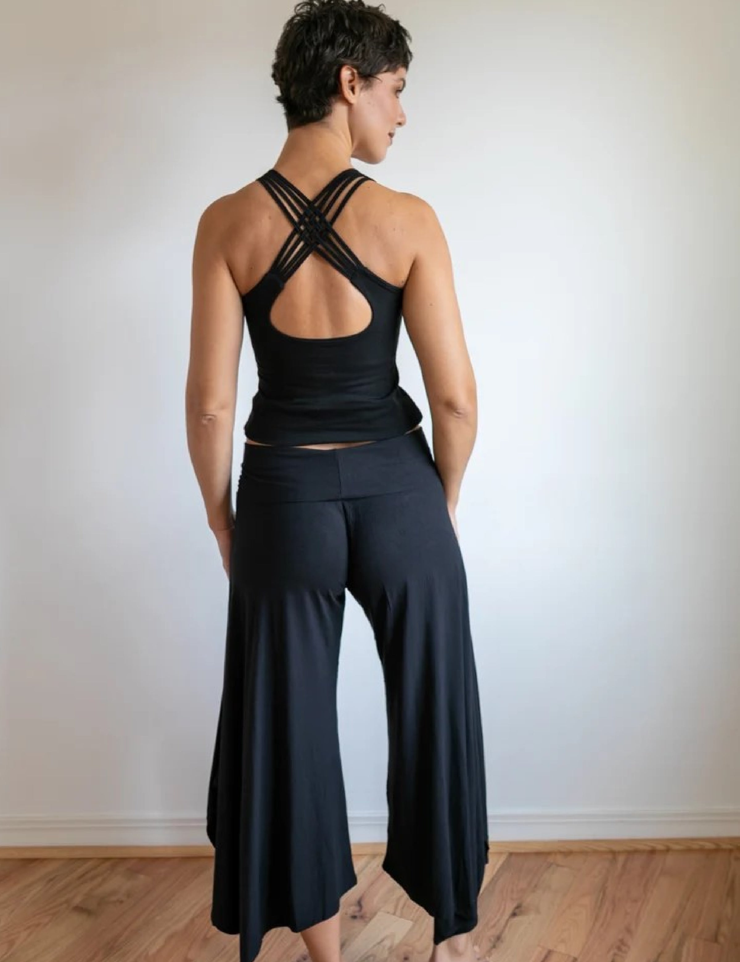 Paris Wide Leg High Waist Gaucho Pants with Fold Over Waistband in Black