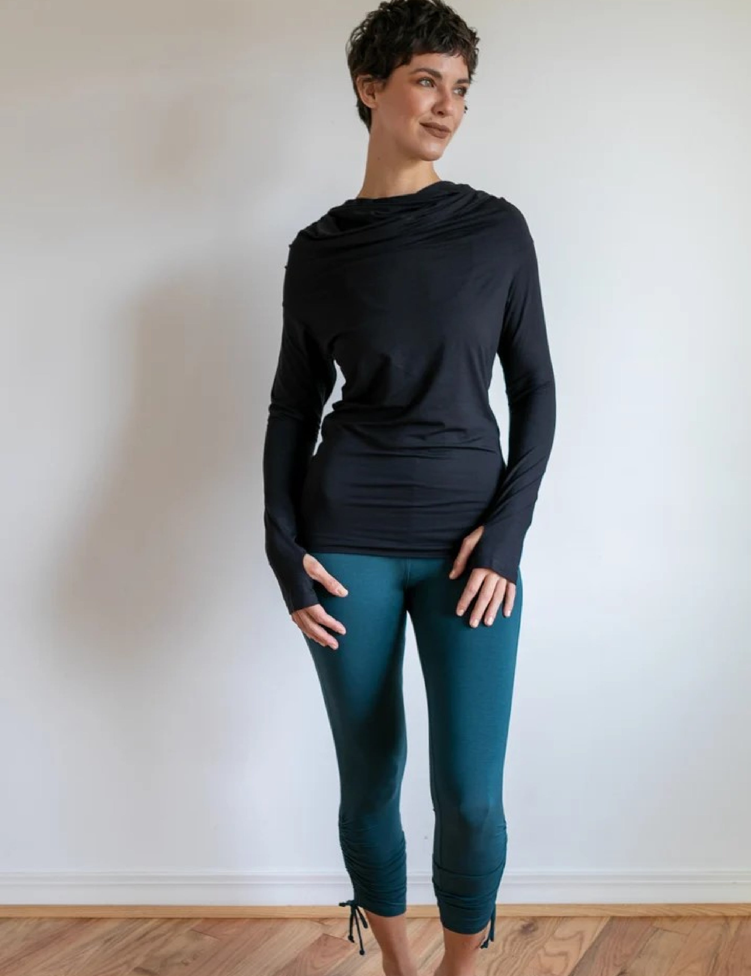 Star Cowl Neck Hoodie Shirt with Thumbholes in Black