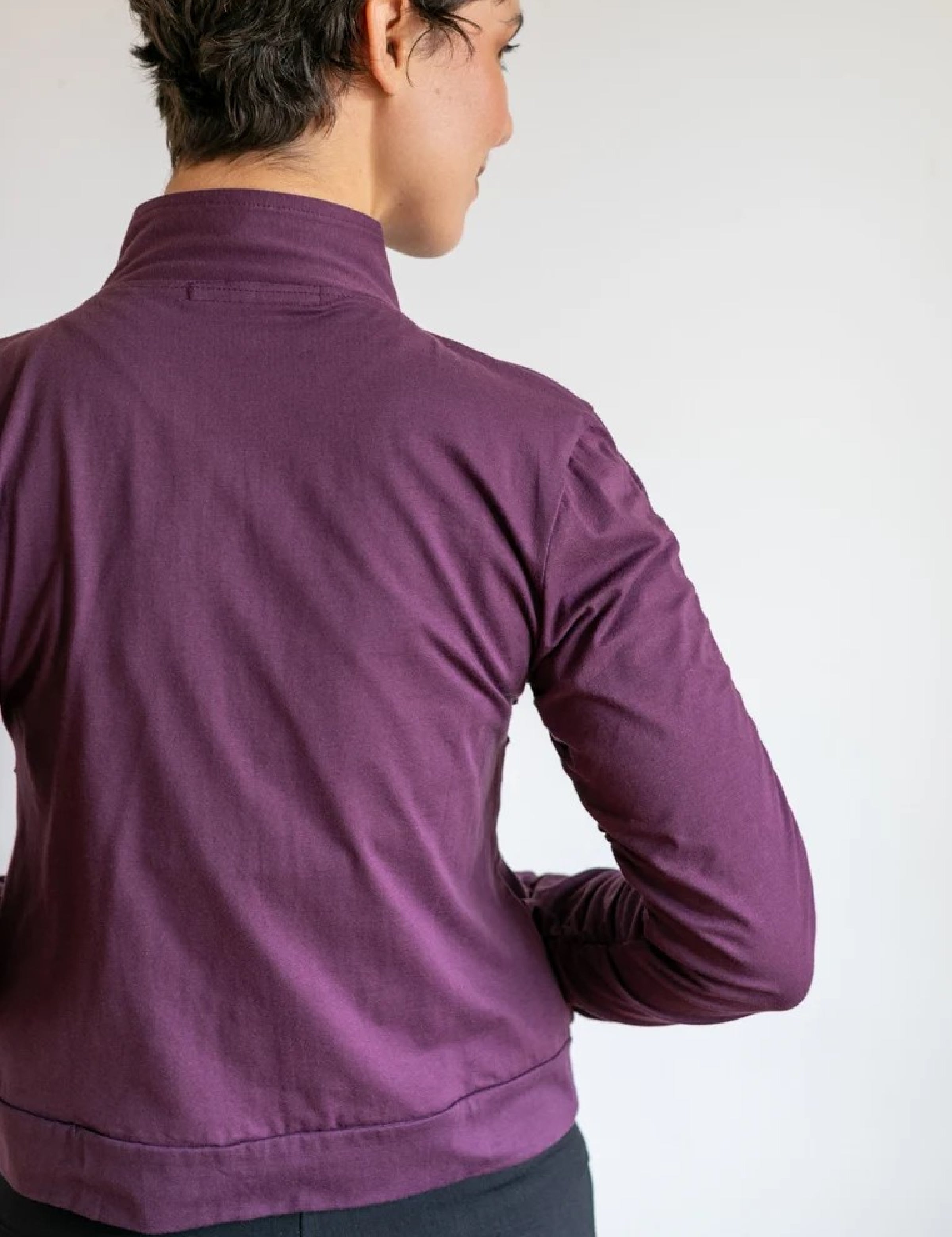 Mrs. Peacock Ruched Zip Front Jacket Eggplant
