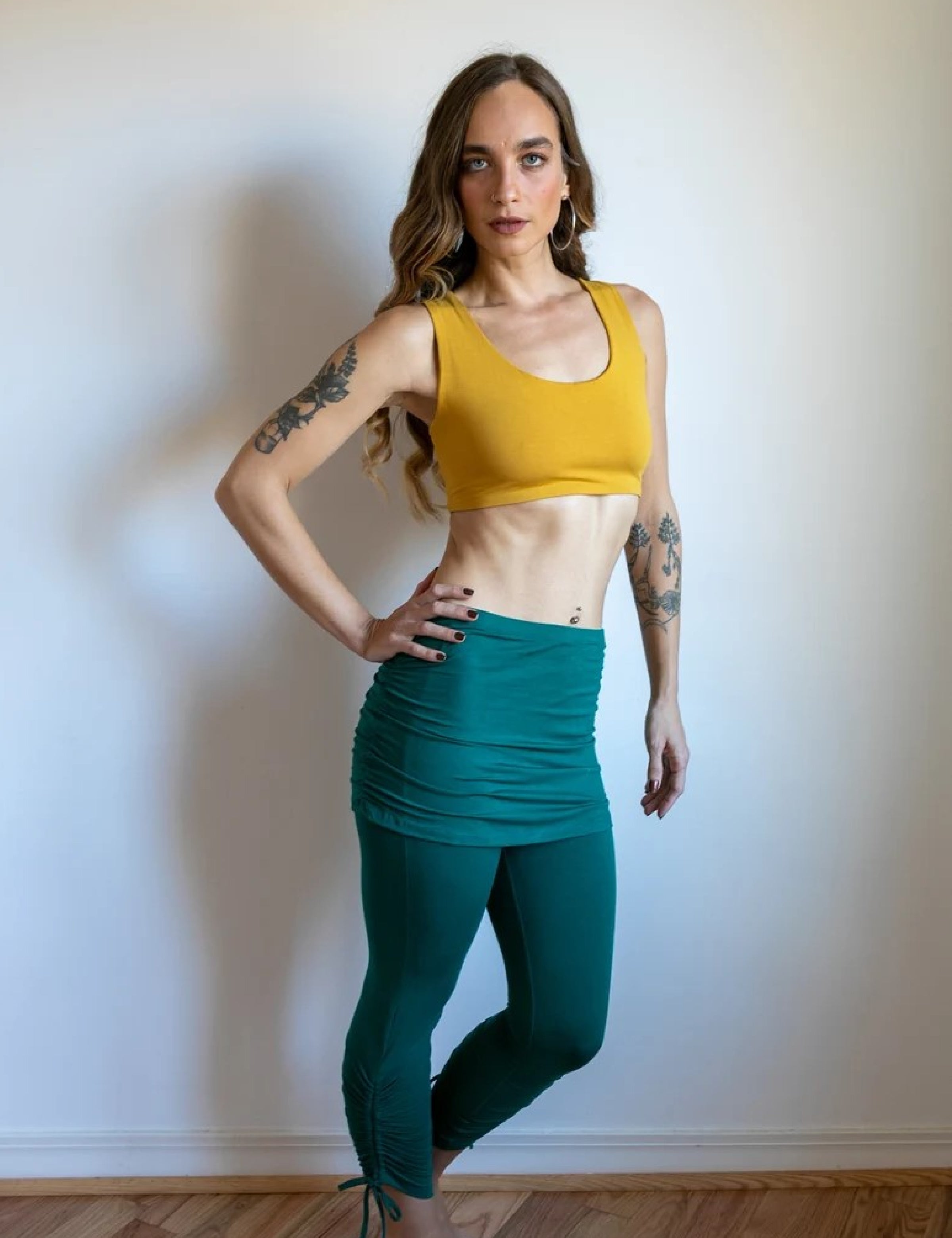 Ruched, Cinched , Lace Up Yoga Leggings with Mini Skirt in Jasper Green