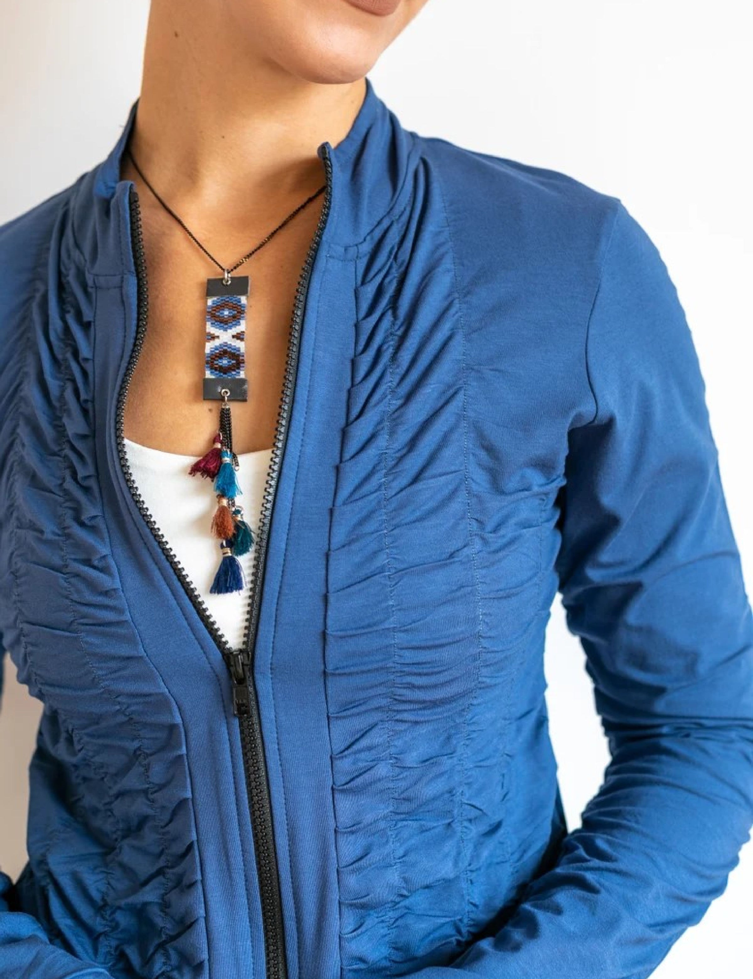 Mrs. Peacock Ruched Zip Front Jacket Indigo