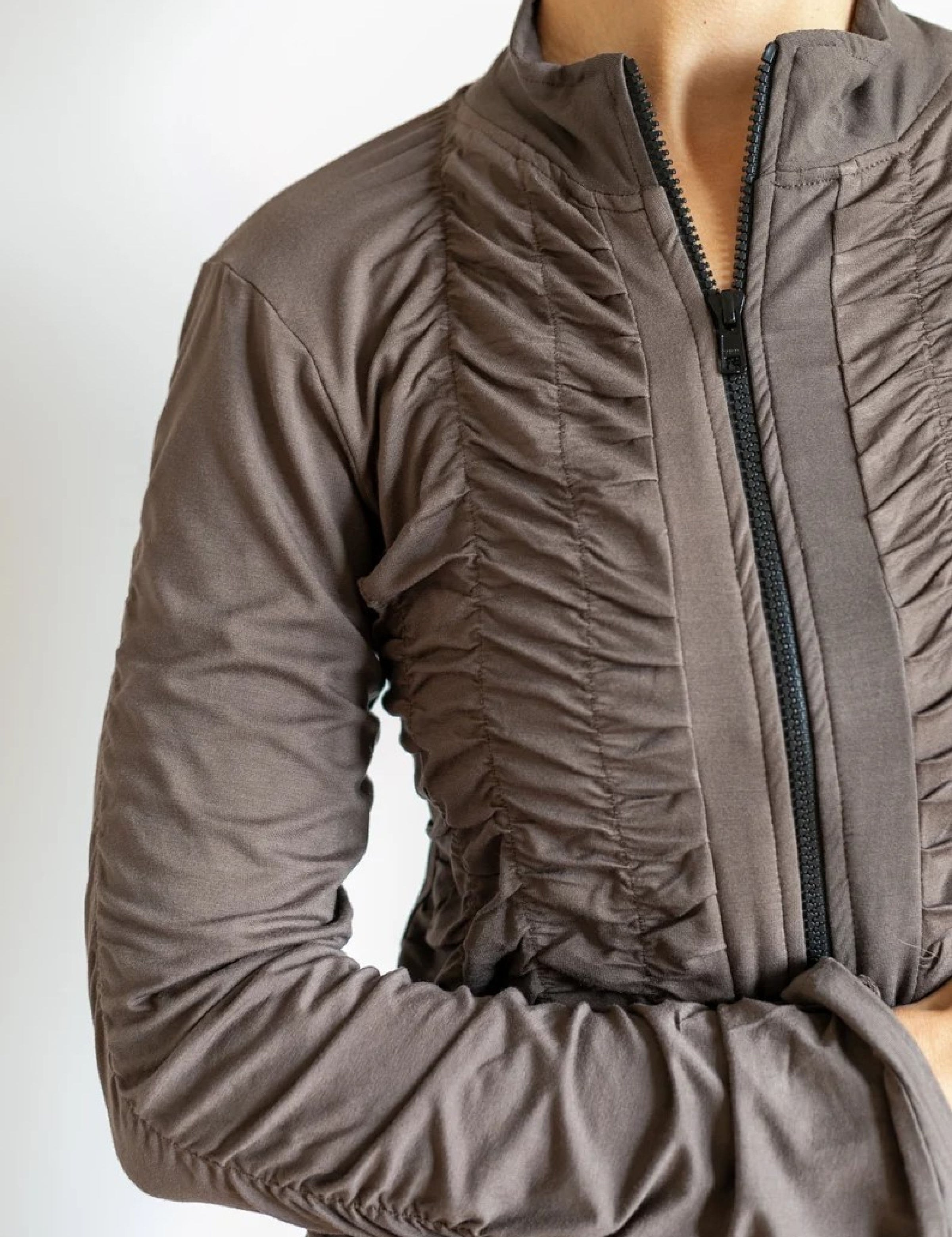 Mrs. Peacock Ruched Zip Front Jacket Mocha