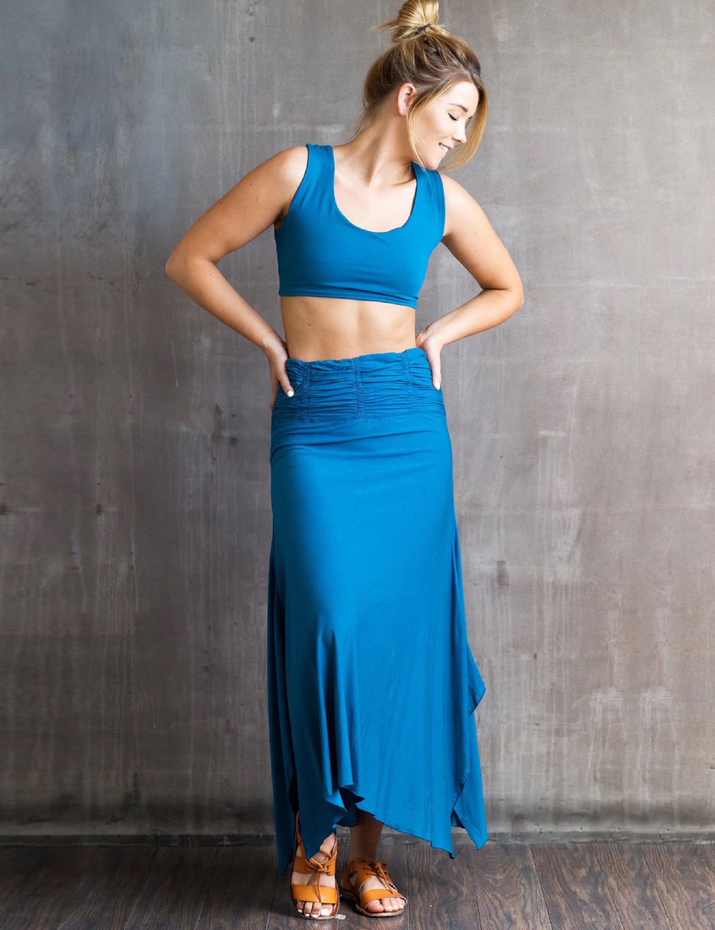 Shakti Ruched Waistband Long Maxi Skirt in Horizon Blue