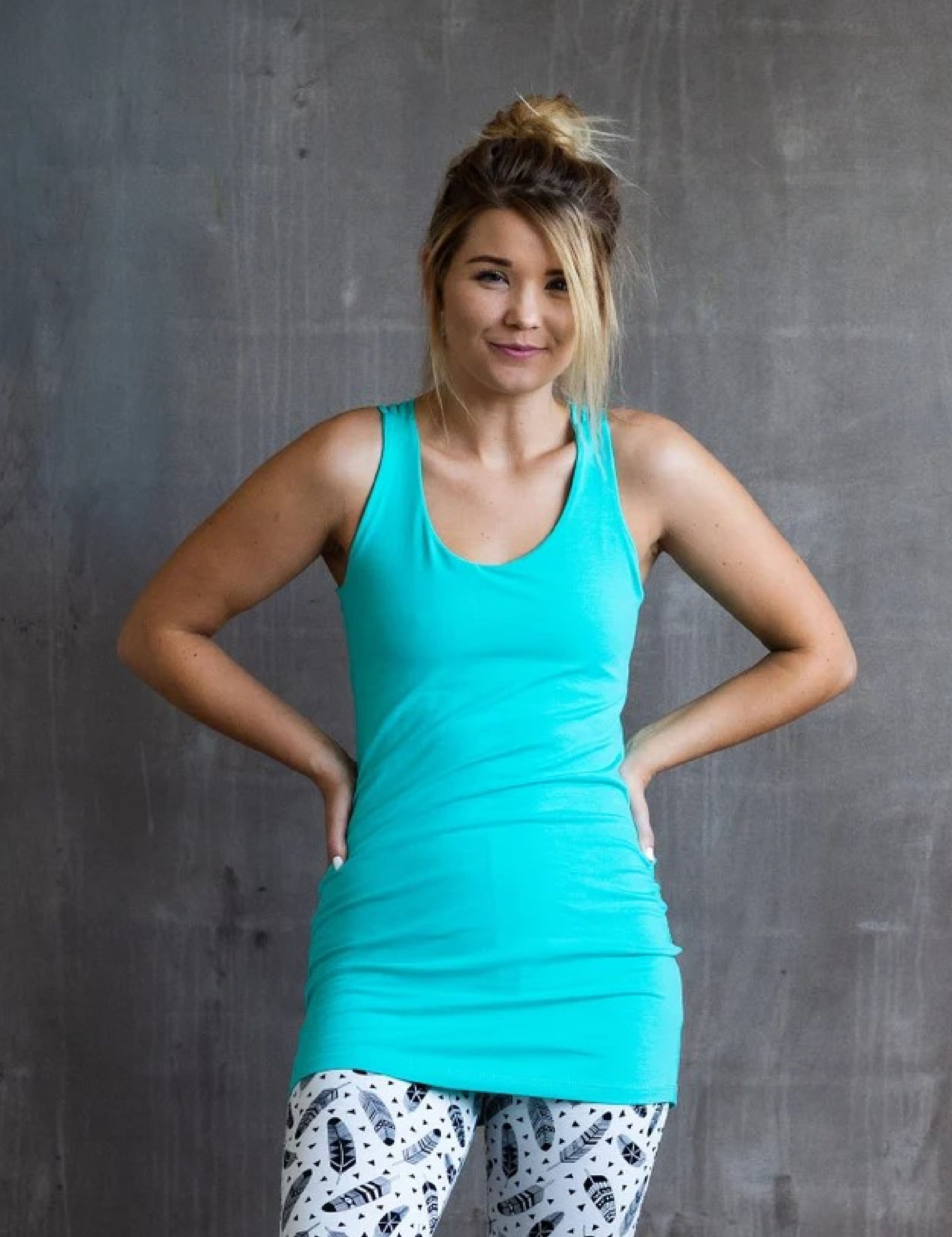 Faith Strappy Woven Back Long Yoga Tank Top in Turquoise