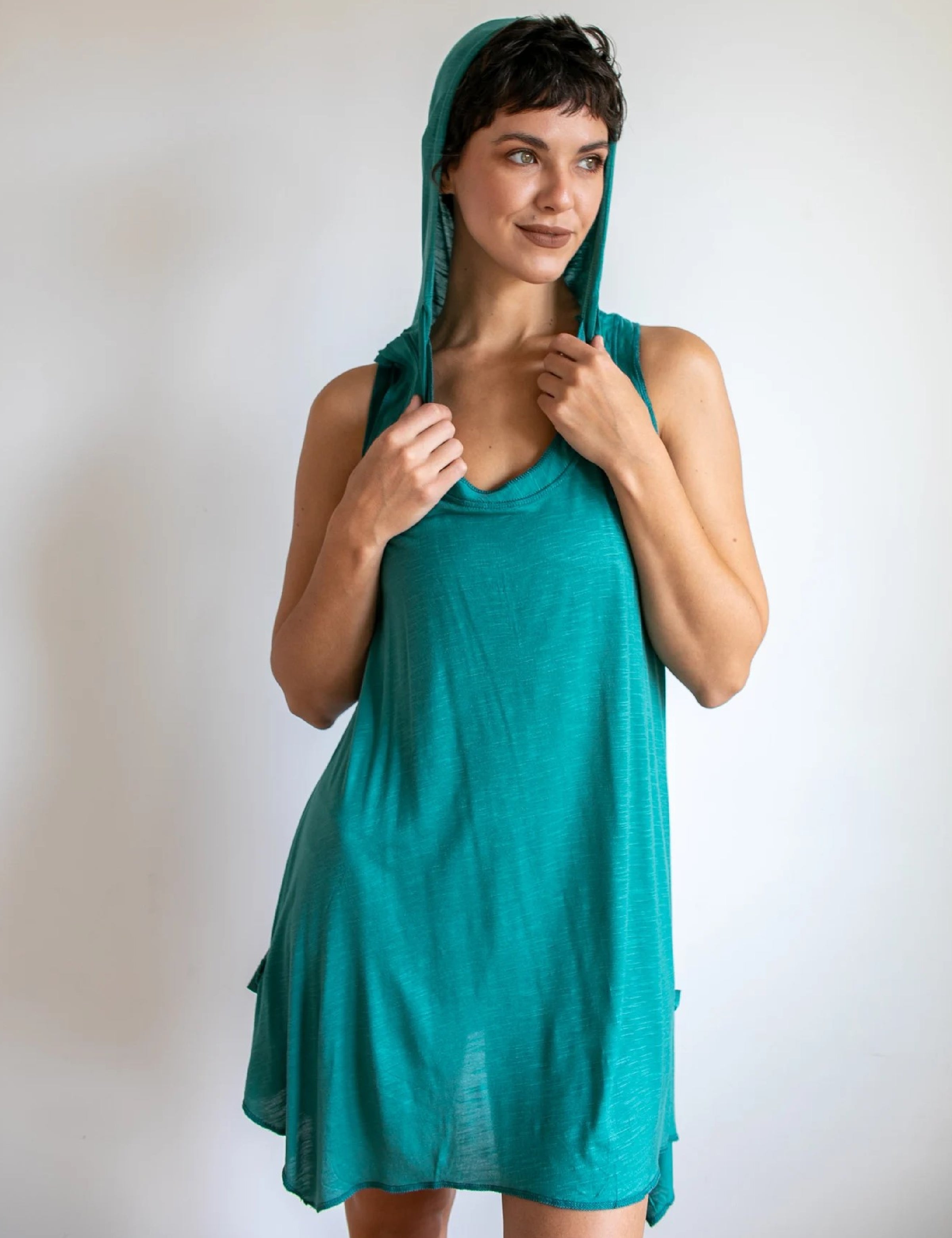 Pixie Sleeveless Hoodie Dress in Teal