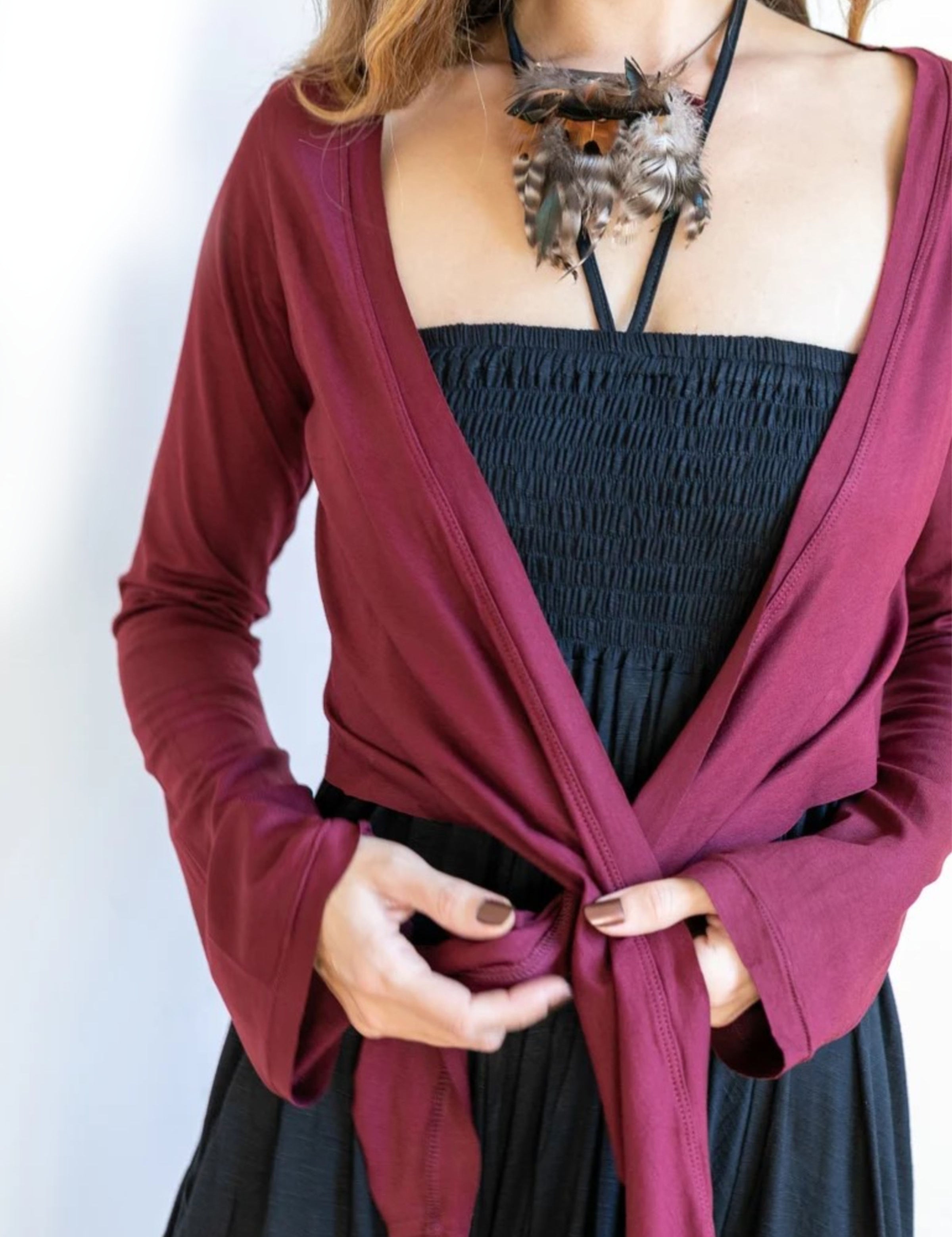 Ballet Wrap Jacket: Women's Tie Front Blouse - Burgundy