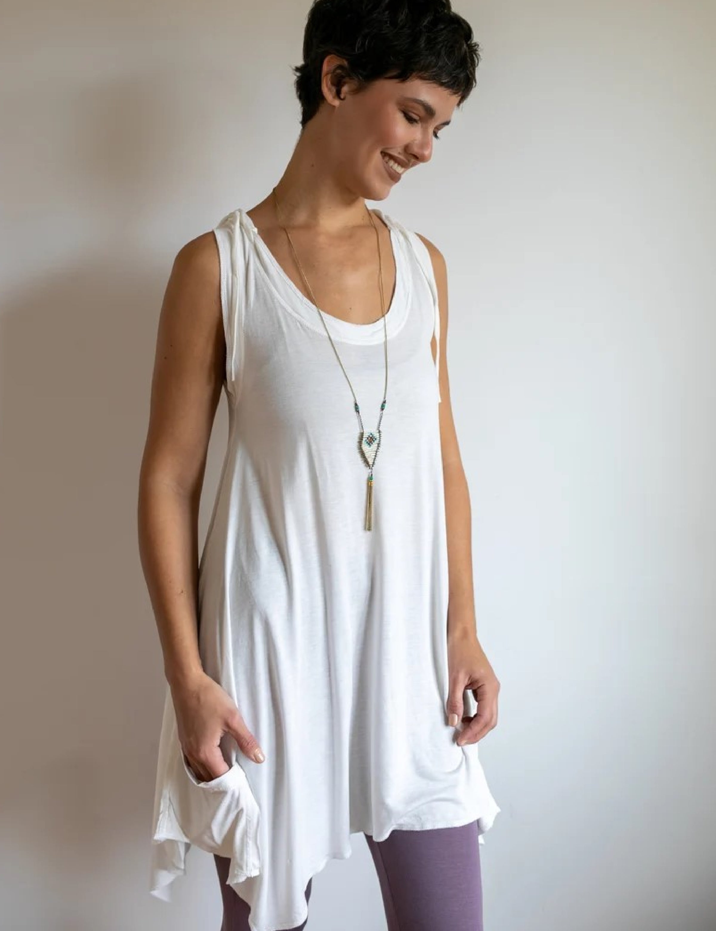 Pixie Sleeveless Hoodie Dress in White Bamboo Fabric