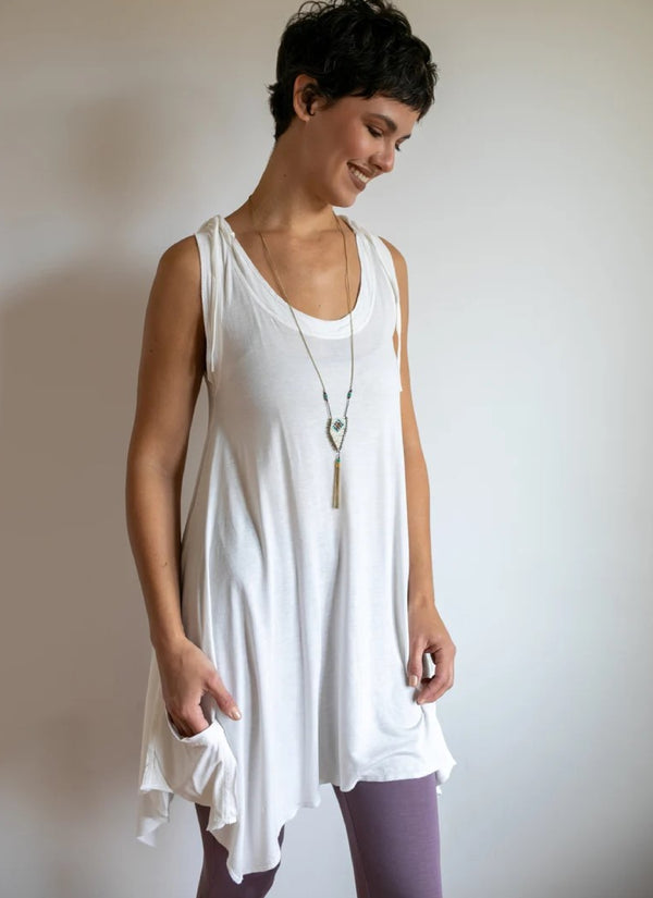 Pixie Sleeveless Hoodie Dress in White Bamboo Fabric