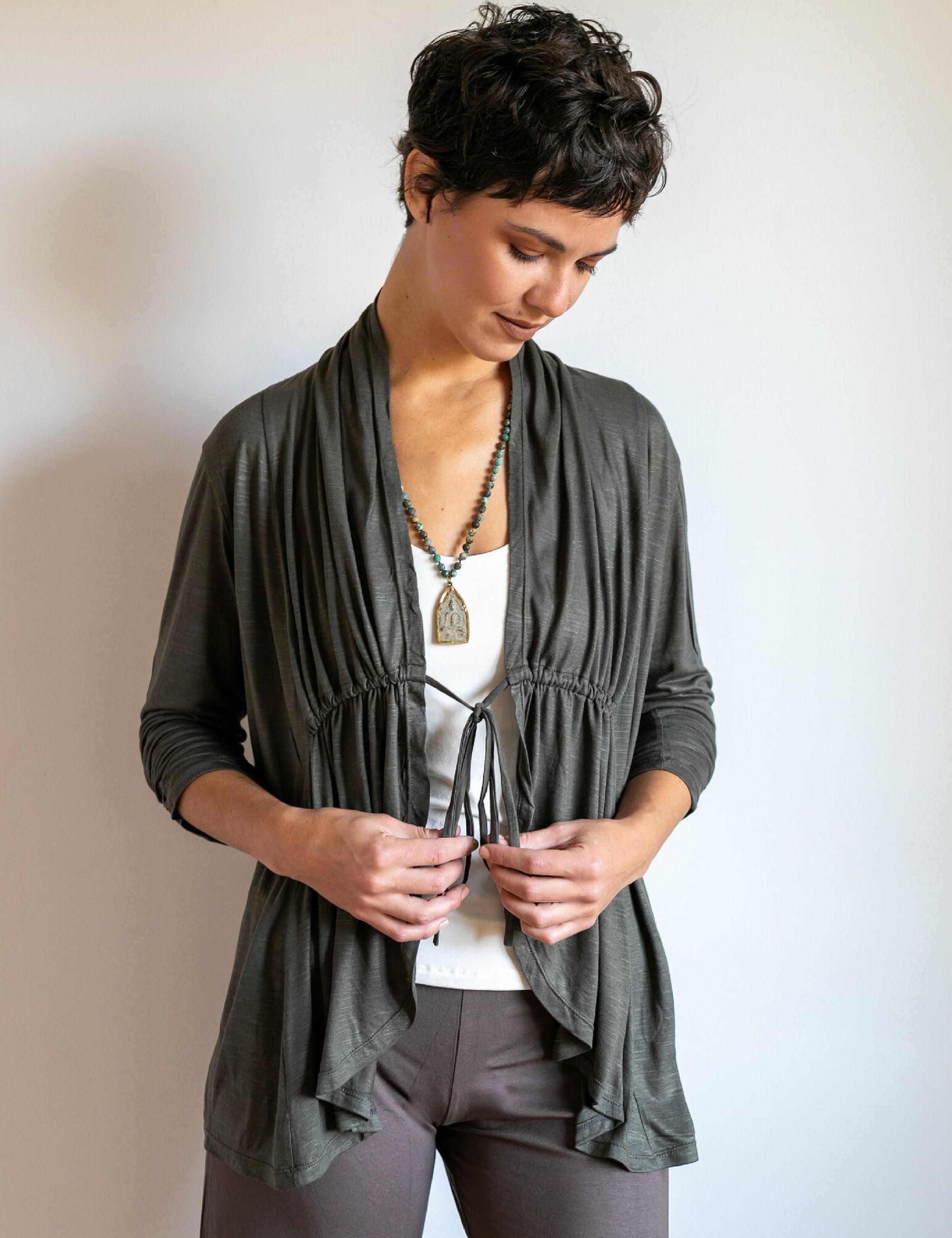 Tie in Front 3/4 Sleeve Jacket Olive