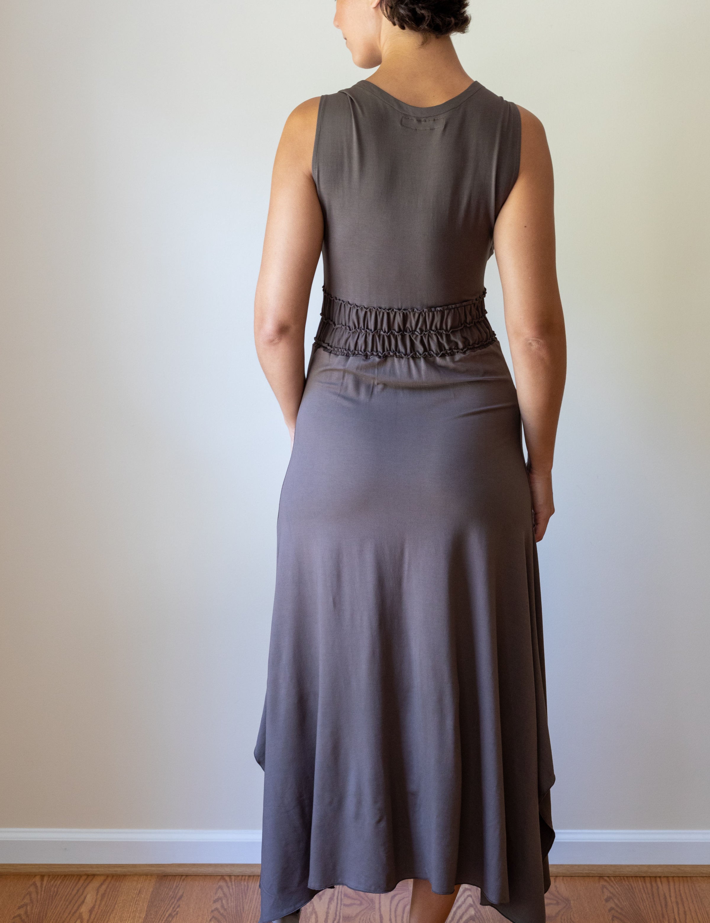 Athena Sleeveless Empire Ruched Waist Goddess Dress in Mocha