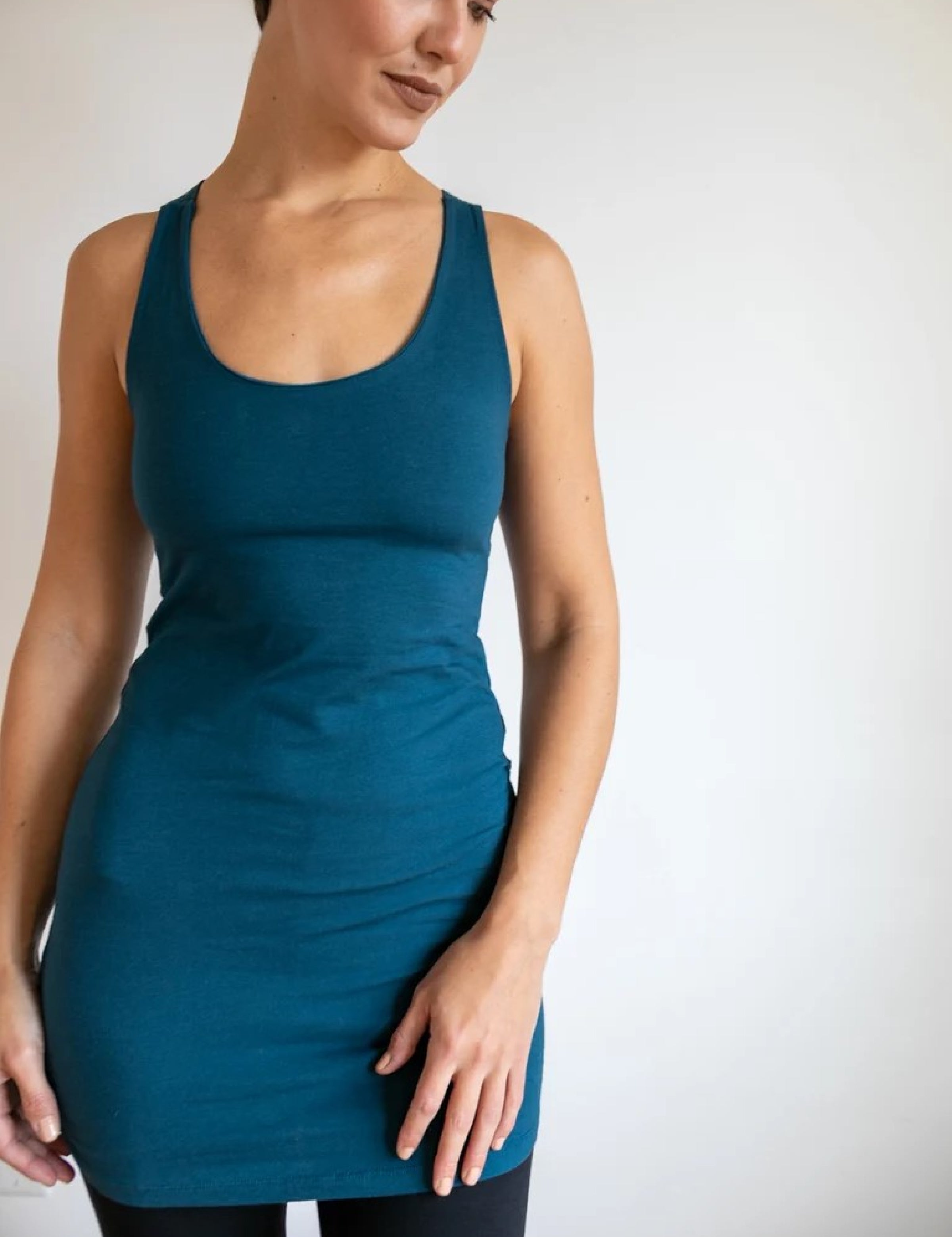Faith Strappy Long Yoga Tank Top with Built in Bra in Dark Teal