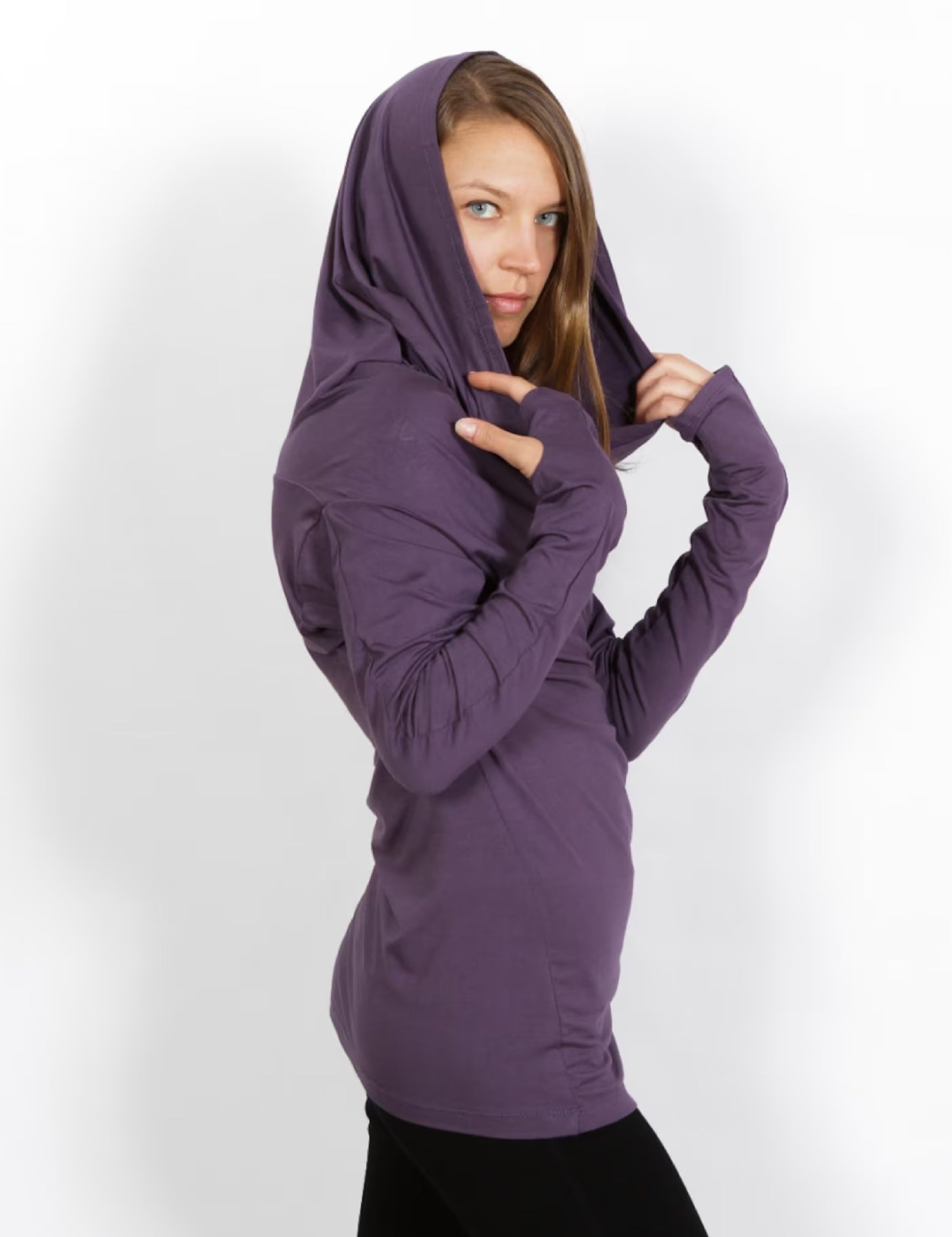 Cowl Neck Hoodie Shirt with Thumbholes in Amethyst