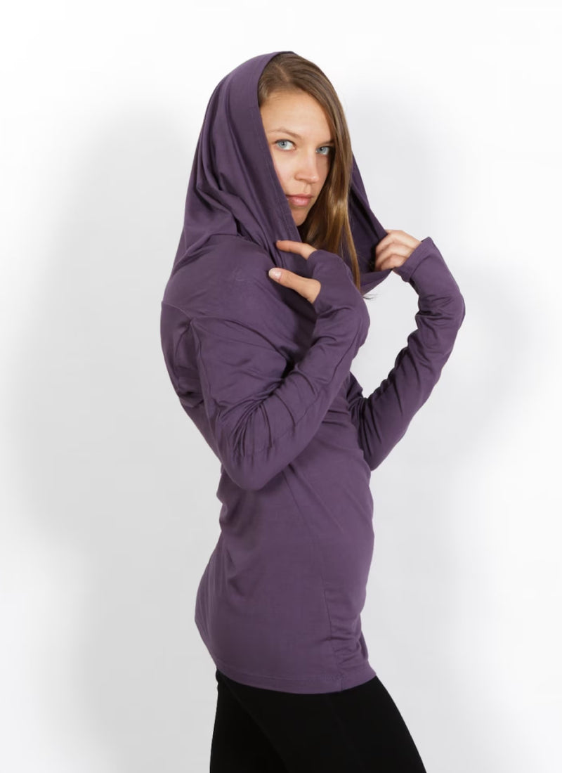 Cowl Neck Hoodie Shirt with Thumbholes in Amethyst