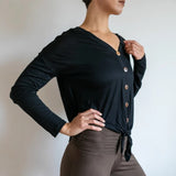 Coconut Button Down Front Long Sleeve Top in Black