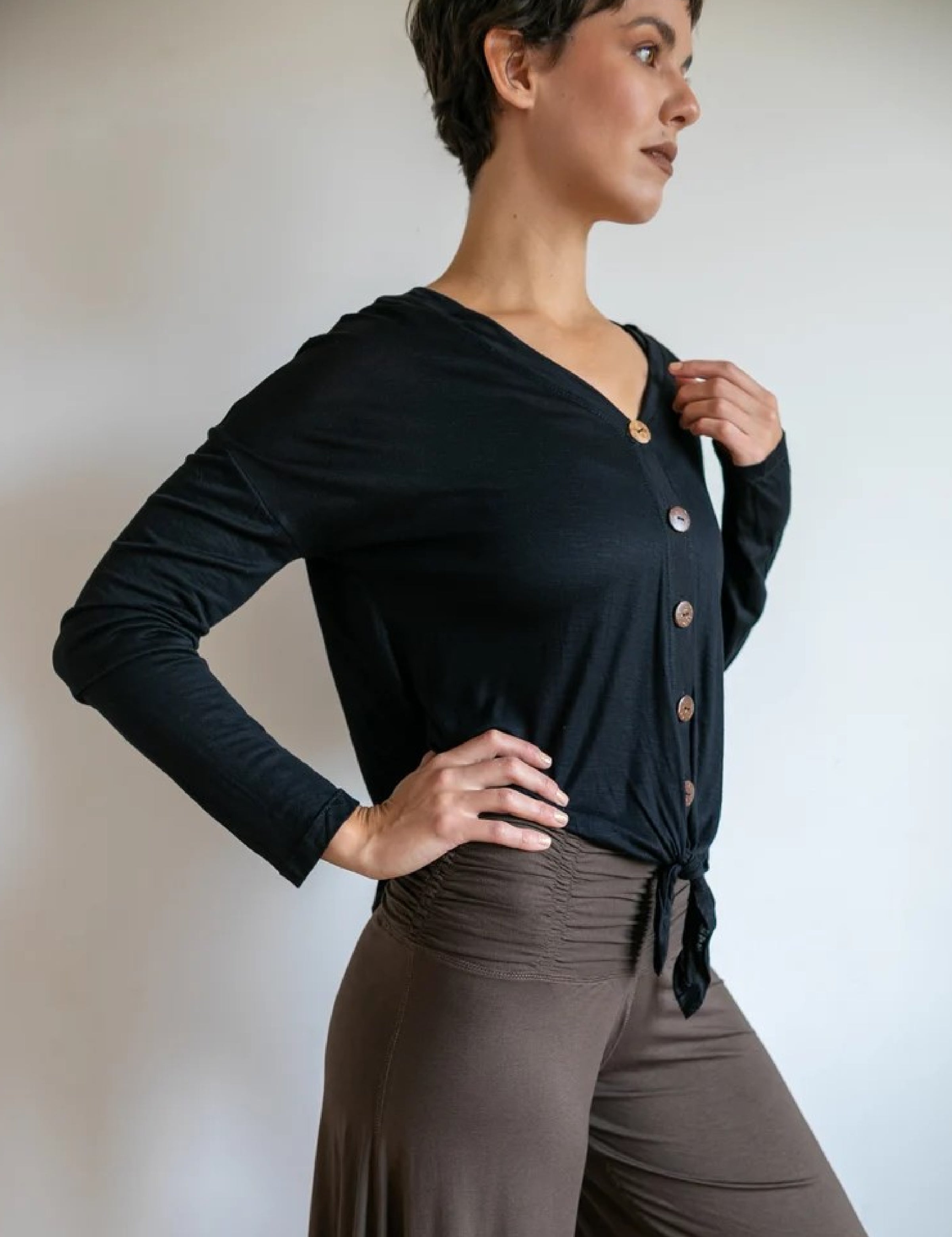 Coconut Button Down Front Long Sleeve Top in Black