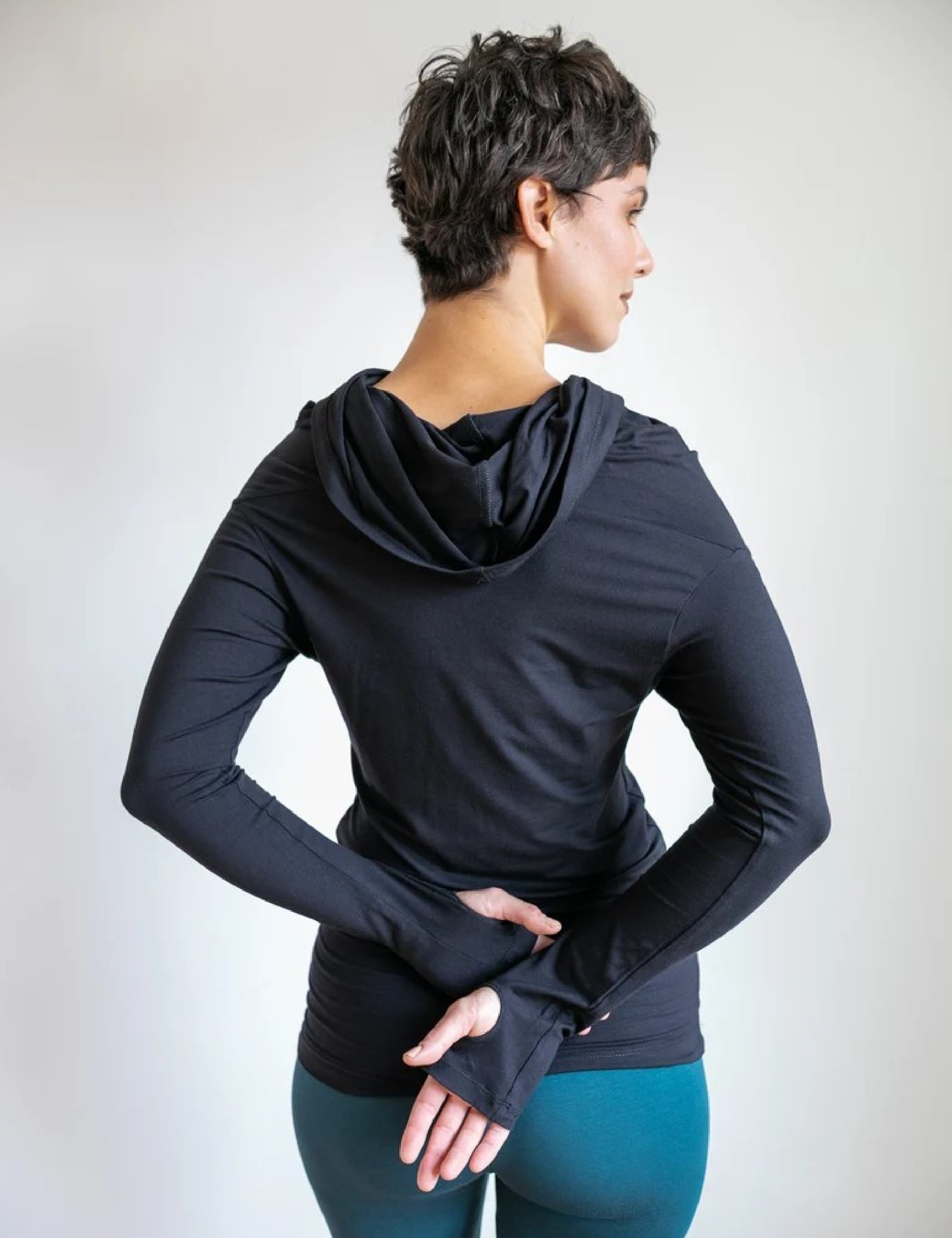 Star Cowl Neck Hoodie Shirt with Thumbholes in Black