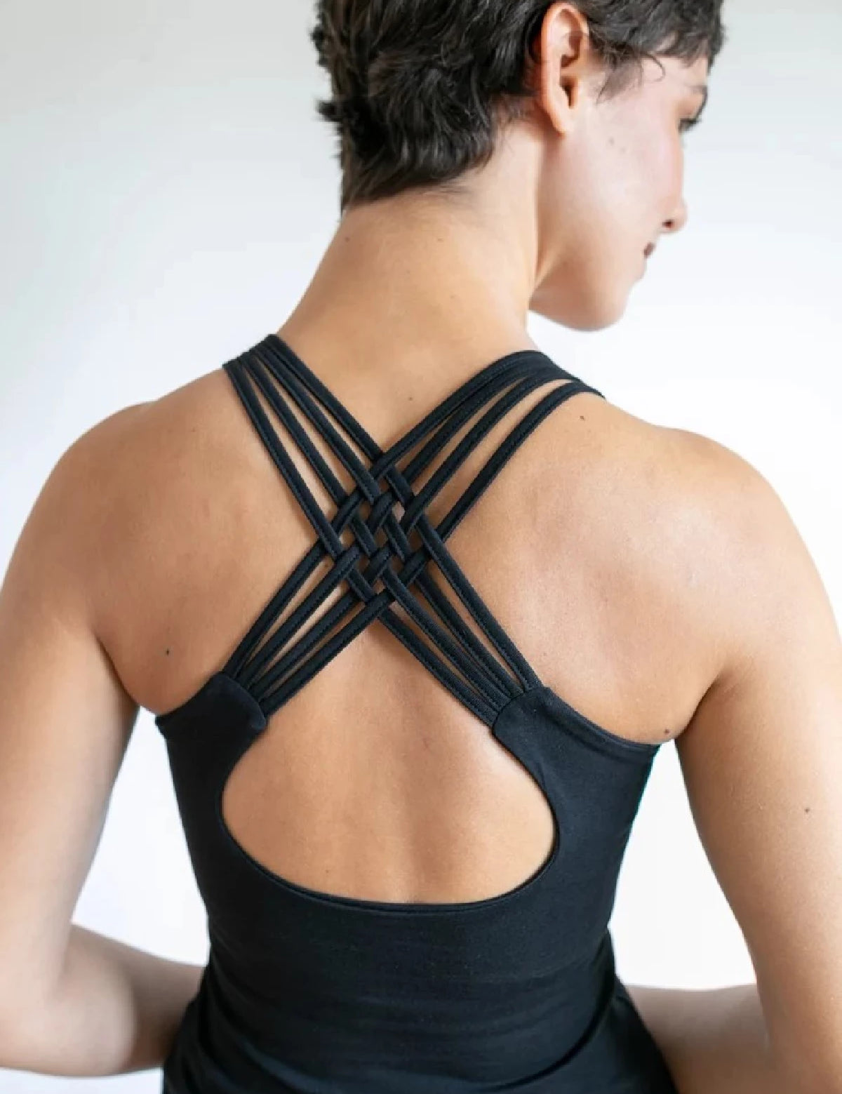 Faith Strappy Yoga Tank Top with Built in Bra in Black