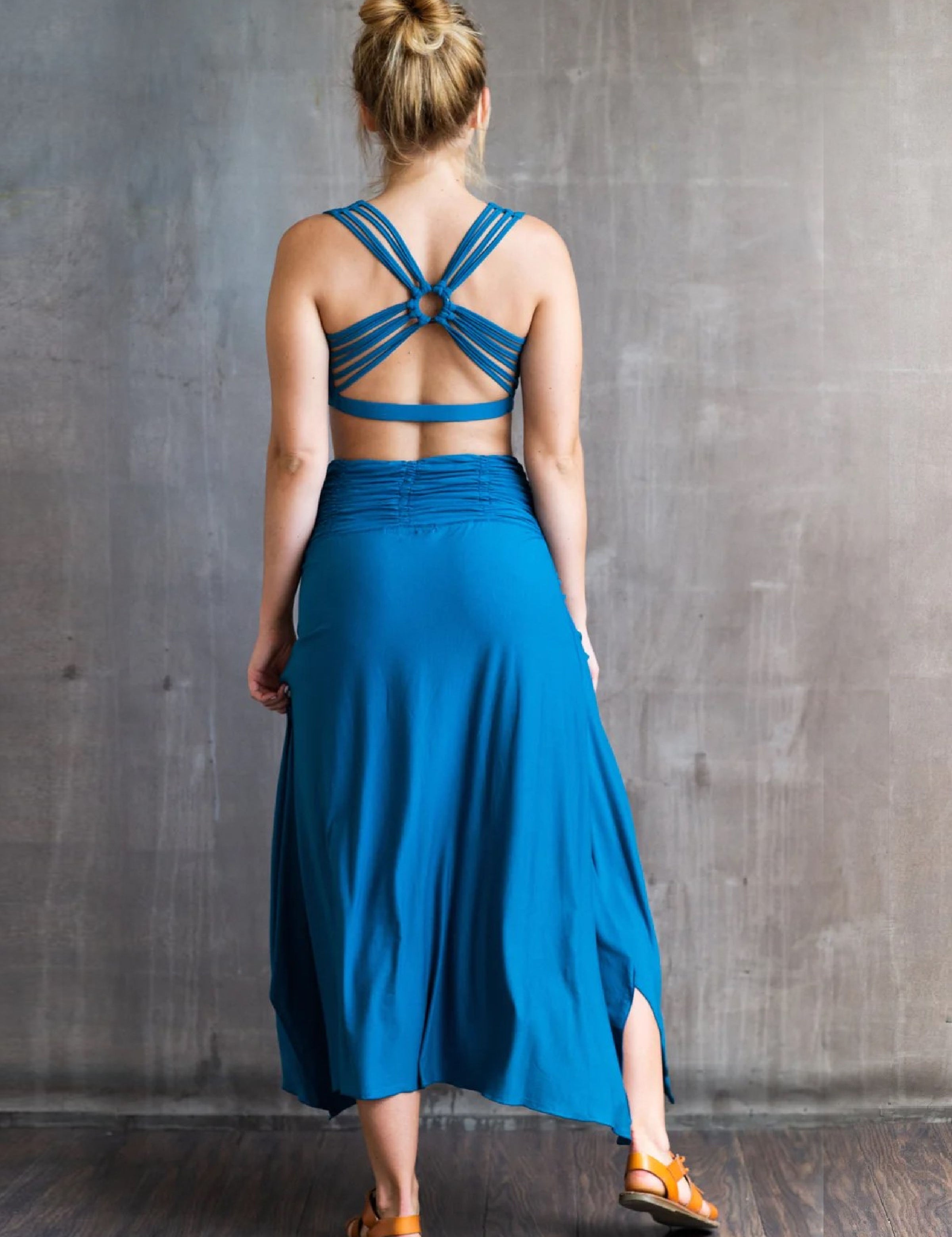Shakti Ruched Waistband Long Maxi Skirt in Horizon Blue
