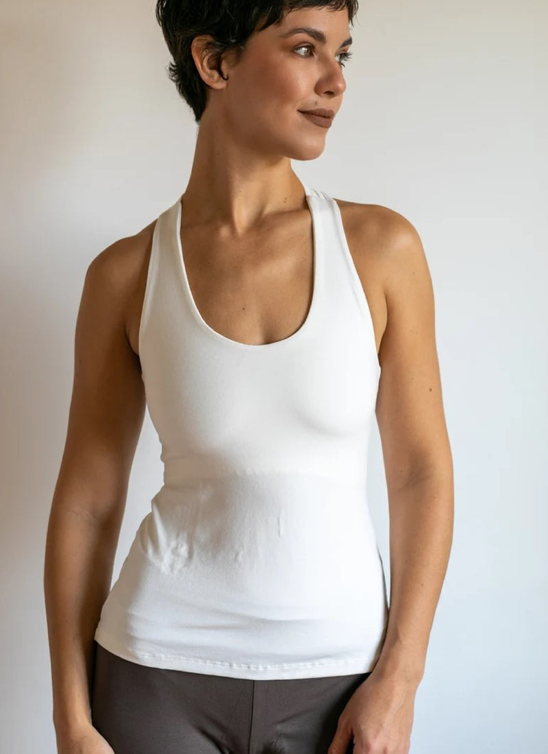 Strappy Criss Cross Yoga Tank Top with Built in Bra in White – Paramita  Designs