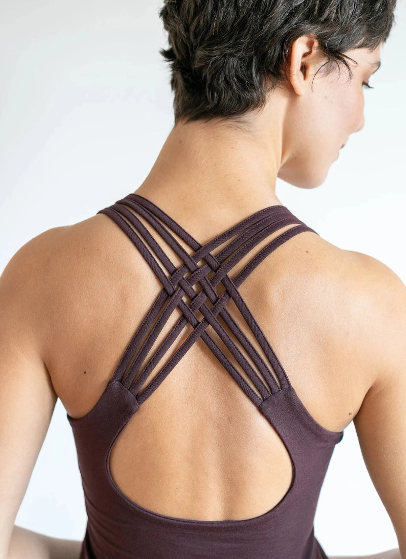 Strappy Yoga Tank Top with Built in Bra in Eggplant