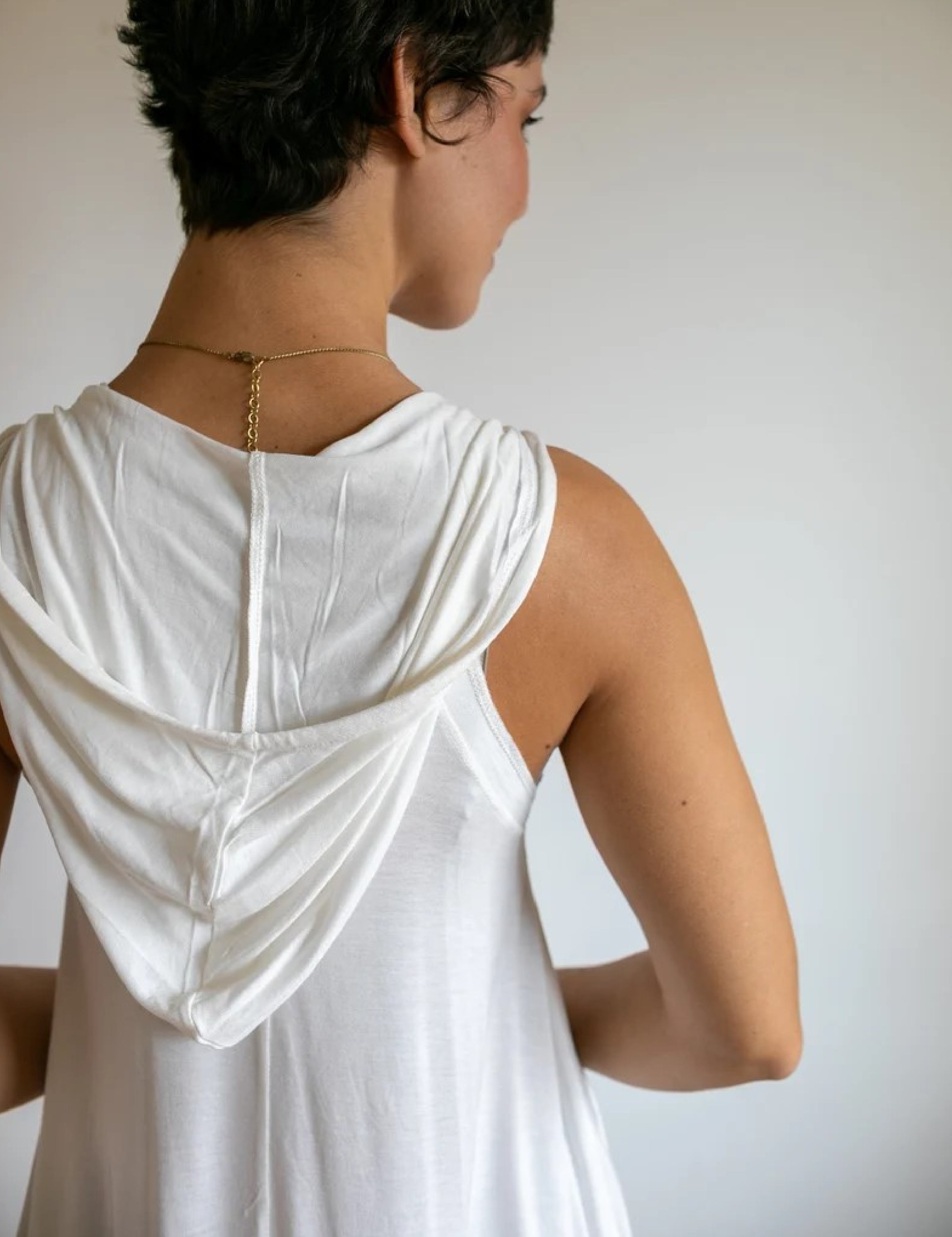 Pixie Sleeveless Hoodie Dress in White Bamboo Fabric