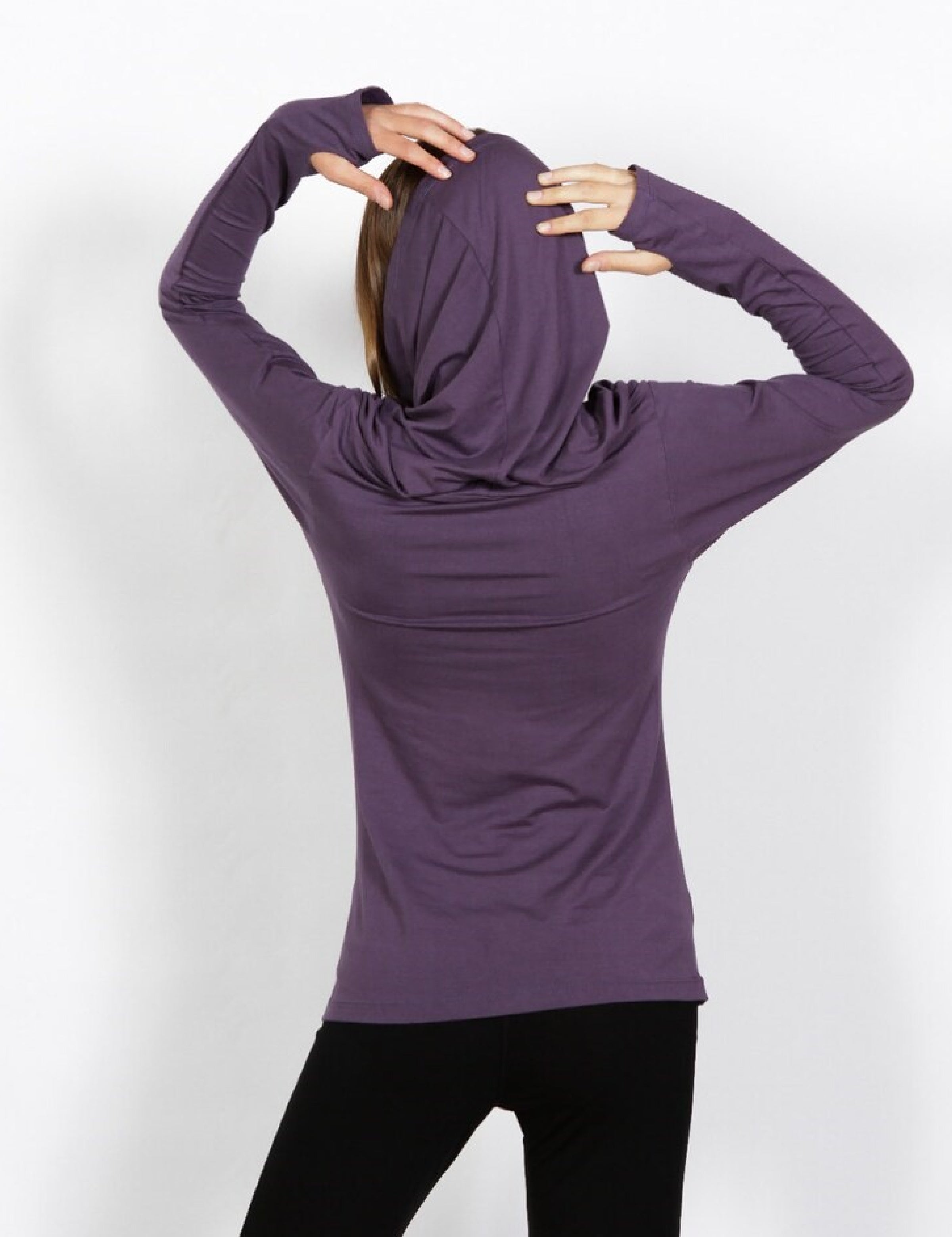 Cowl Neck Hoodie Shirt with Thumbholes in Amethyst