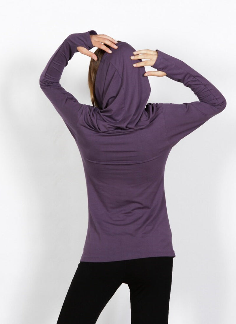 Cowl Neck Hoodie Shirt with Thumbholes in Amethyst