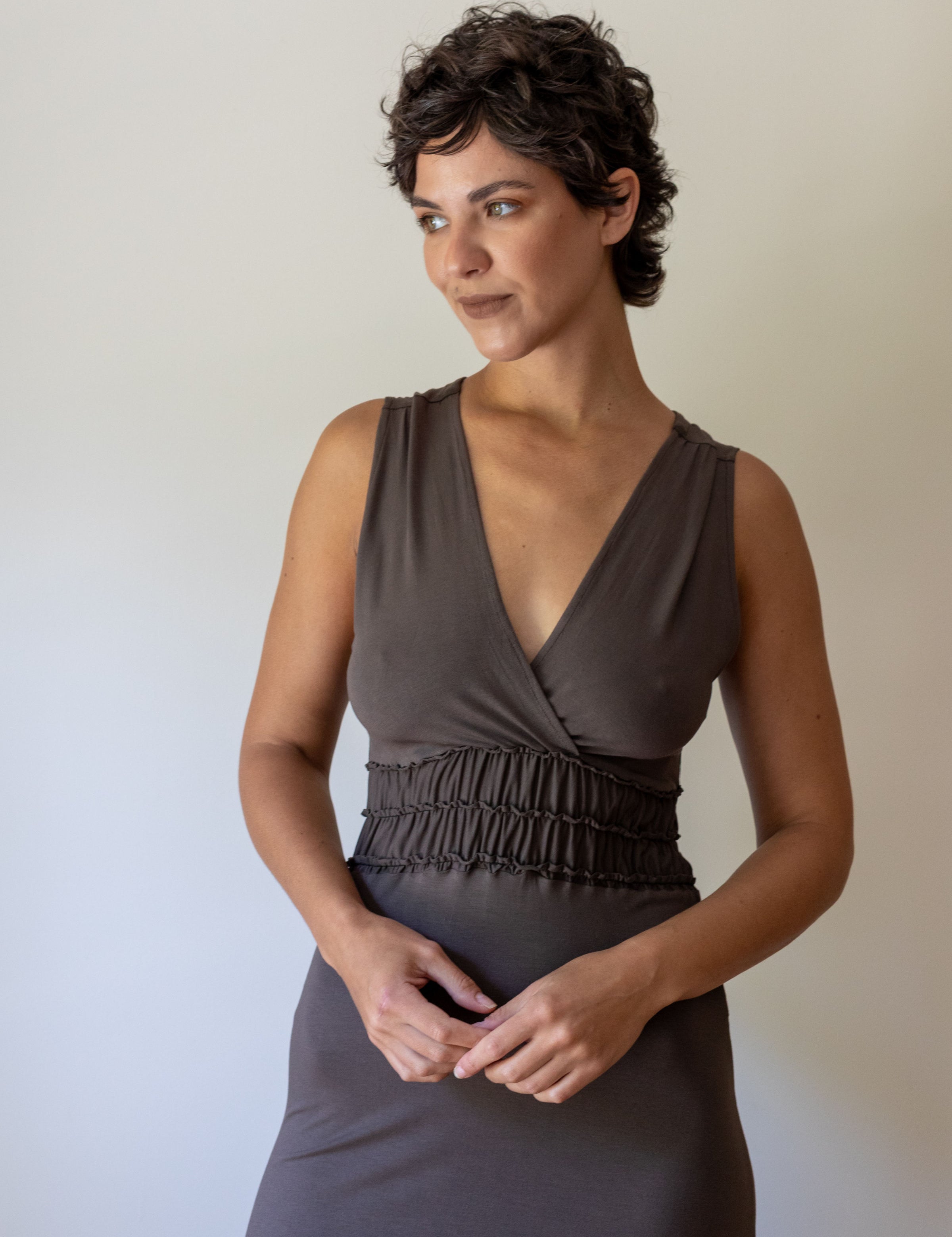 Athena Sleeveless Empire Ruched Waist Goddess Dress in Mocha