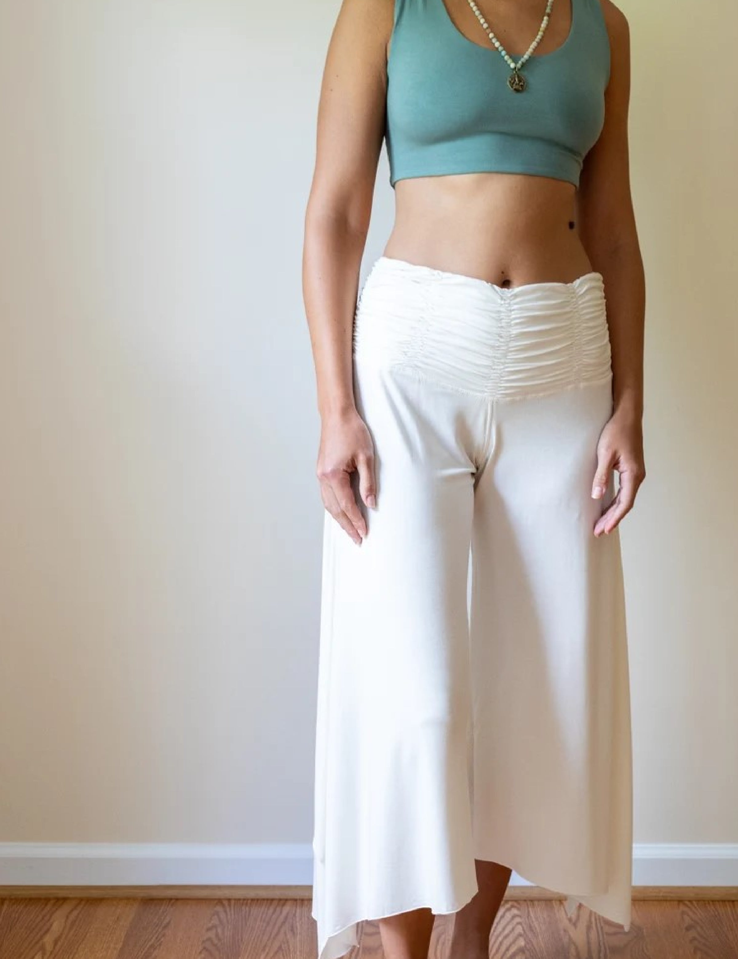 Ruched Waistband,Wide Leg, Flowy Gaucho Pants in Cream
