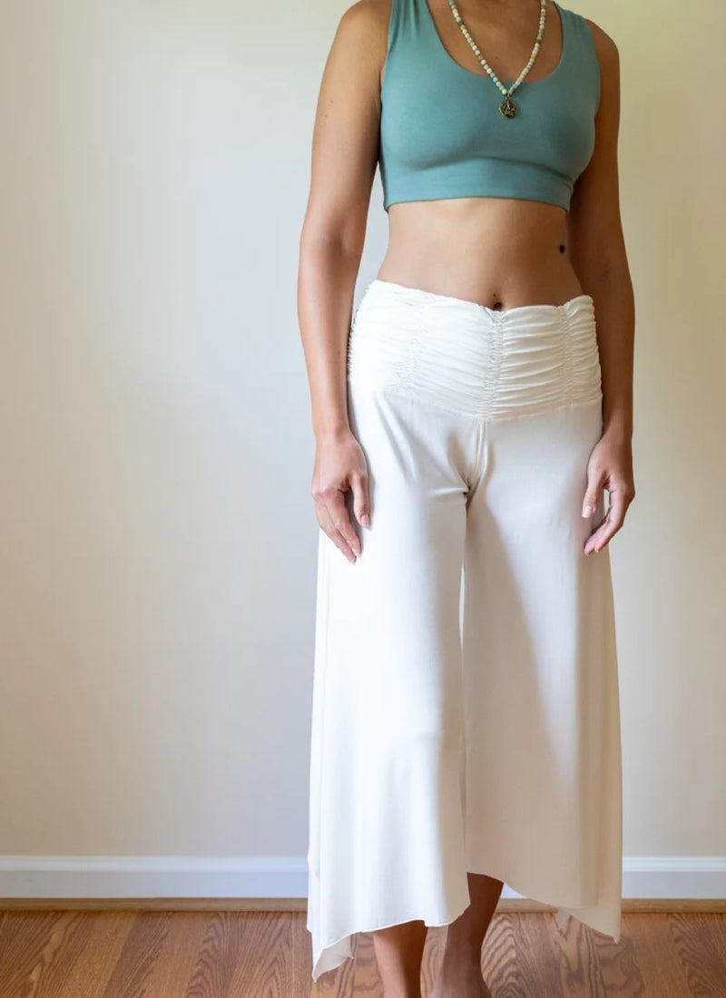 Ruched Waistband Wide Leg Gaucho Pants in White