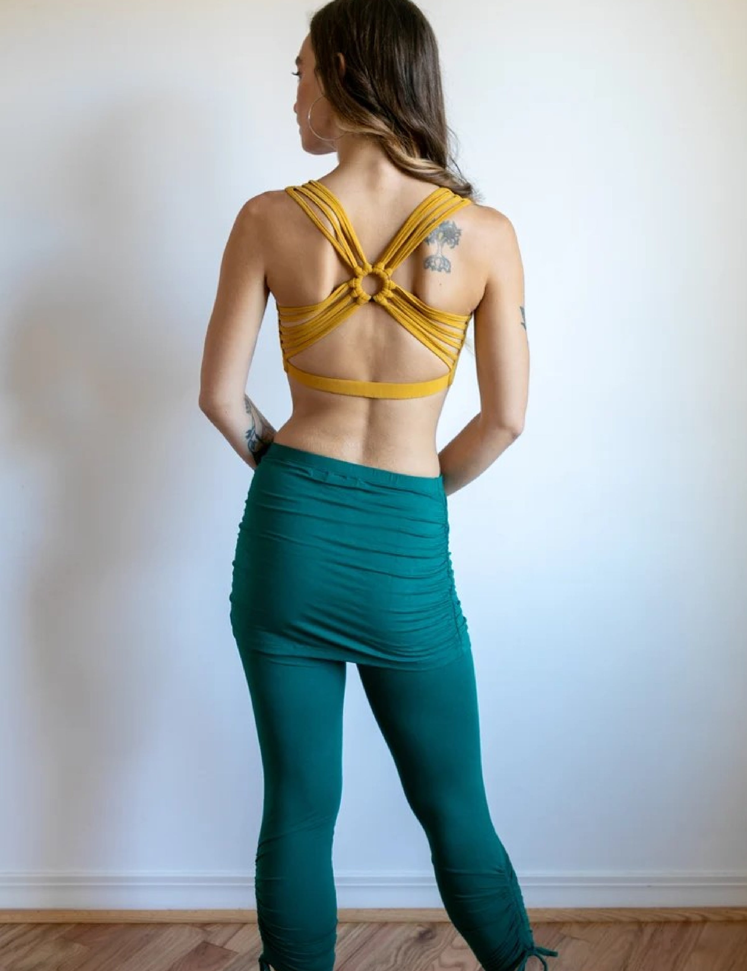 Ruched, Cinched , Lace Up Yoga Leggings with Mini Skirt in Jasper Green