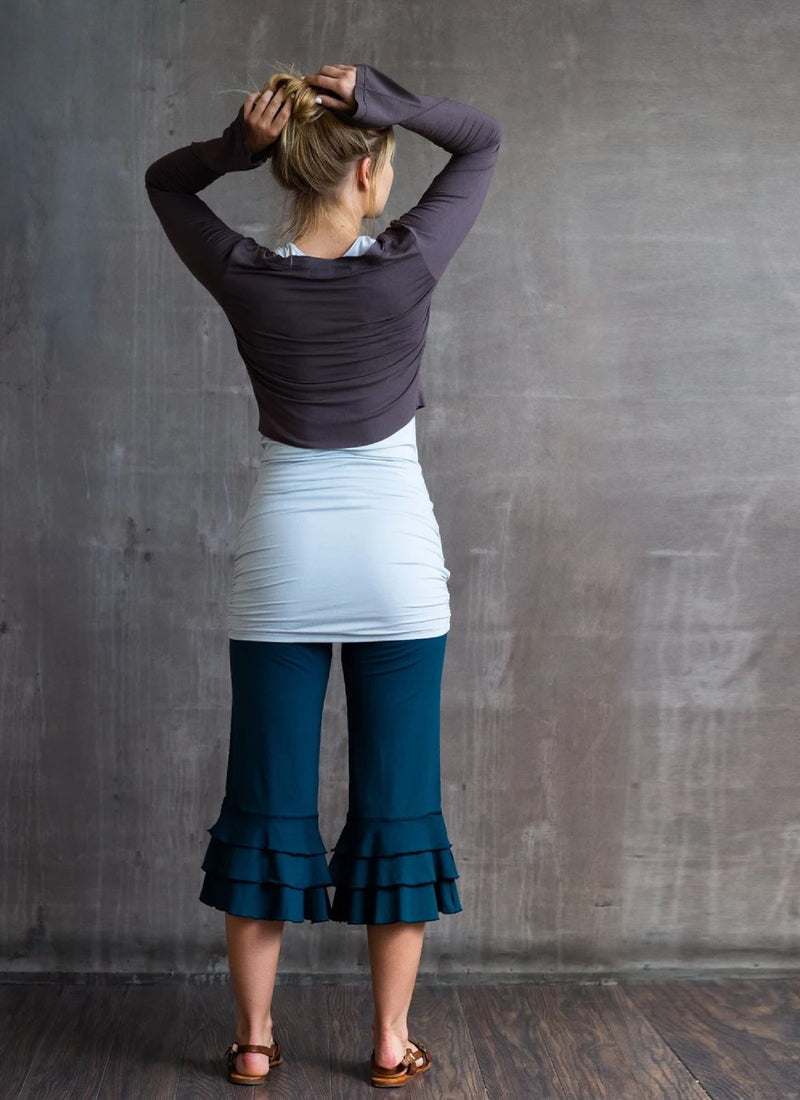Ruffle Bloomer Capri Yoga Pants in Dark Teal Cotton